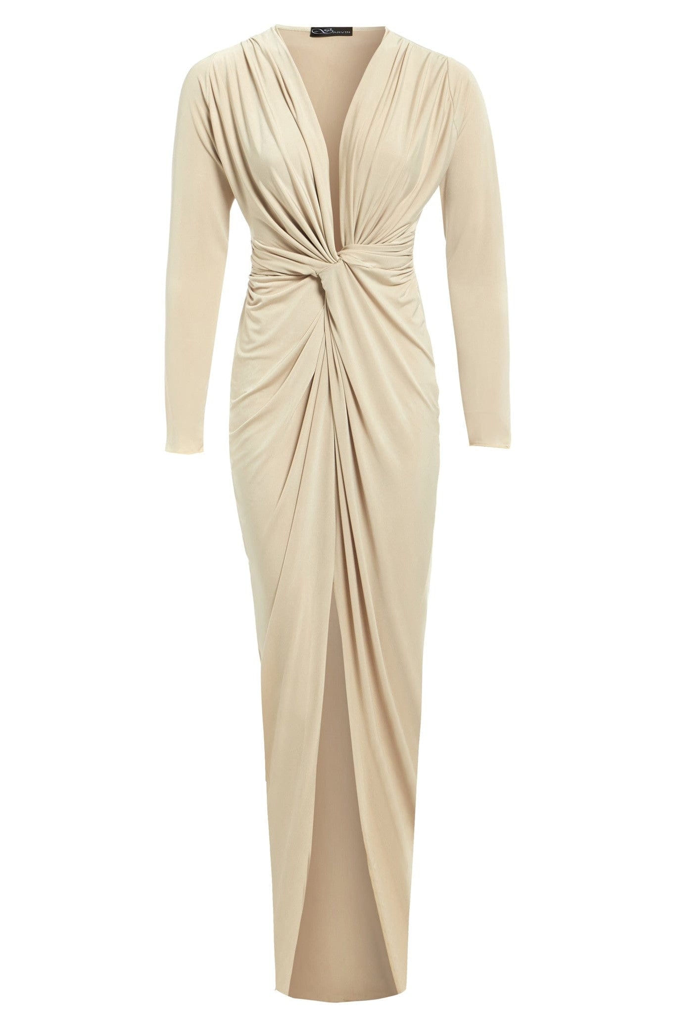 The Low Cut Midi Dress by Sarvin features a beige bodycon fit, deep V-neckline, twisted waist detail, draped gathered fabric with a front slit, and is fitted through the torso and hips.