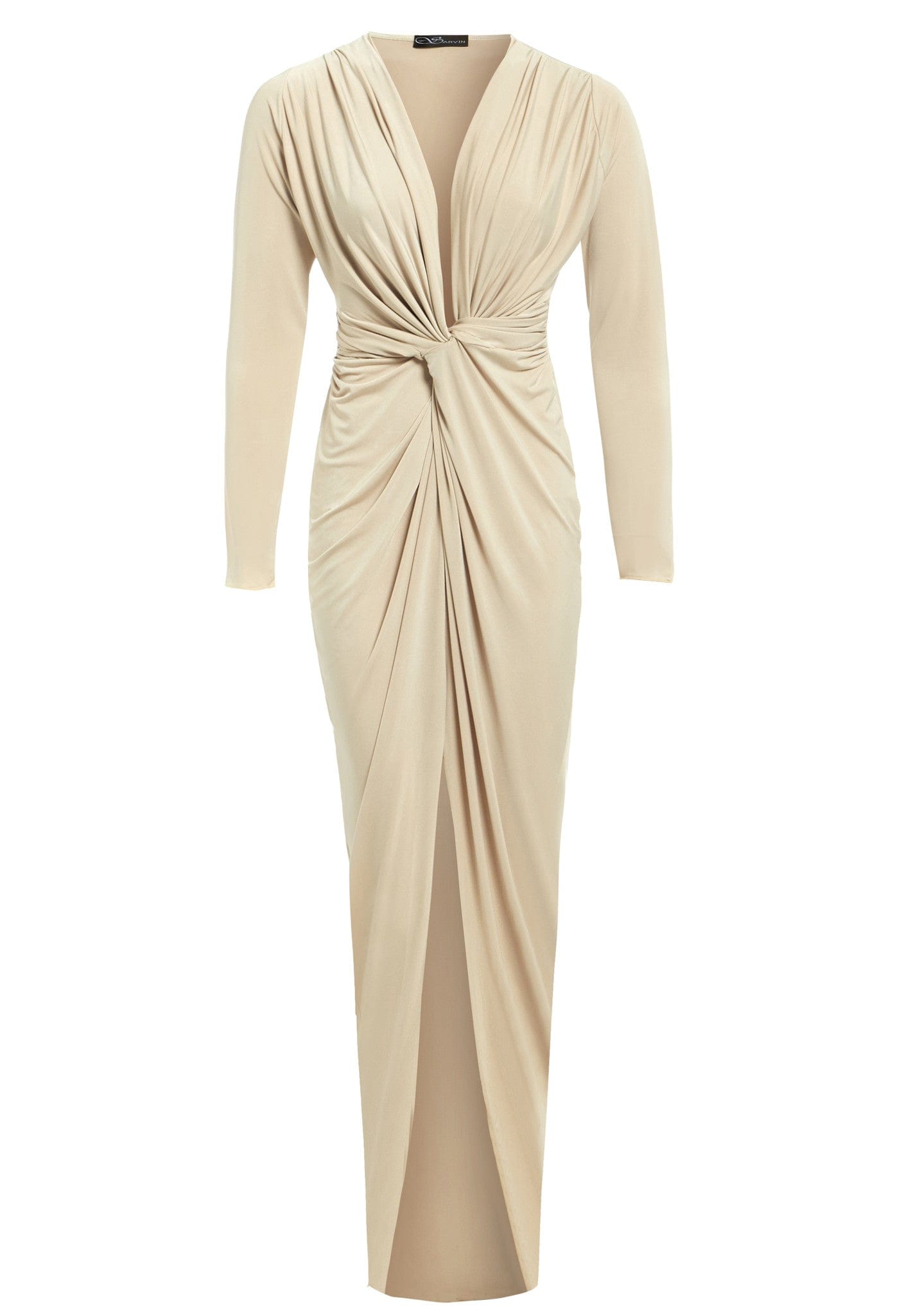 The Low Cut Midi Dress by Sarvin features a beige bodycon fit, deep V-neckline, twisted waist detail, draped gathered fabric with a front slit, and is fitted through the torso and hips.