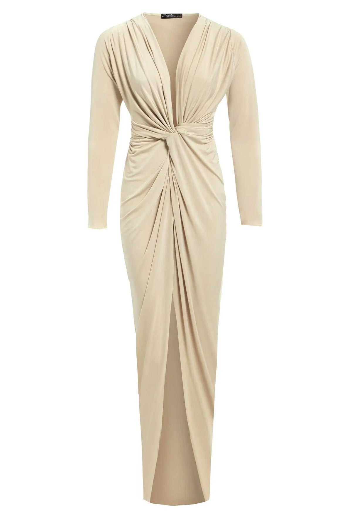 The Low Cut Midi Dress by Sarvin features a beige bodycon fit, deep V-neckline, twisted waist detail, draped gathered fabric with a front slit, and is fitted through the torso and hips.