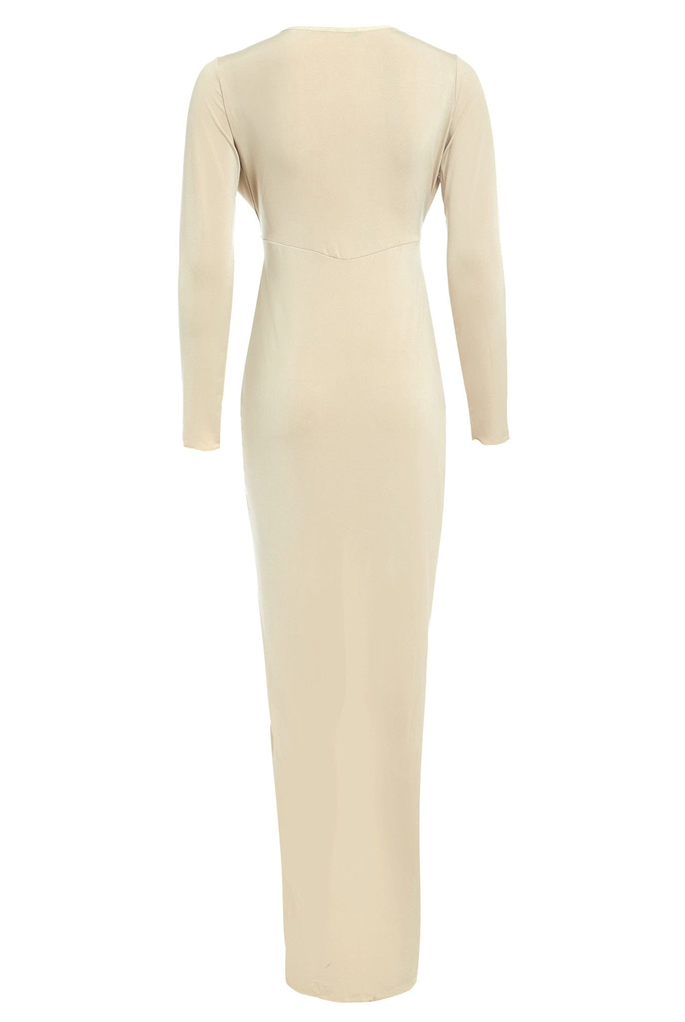 The Sarvin Low Cut Midi Dress is shown from the back in beige. This long bodycon dress has long sleeves, a simple design, and subtle seam detail below the shoulder blades, with no visible embellishments.