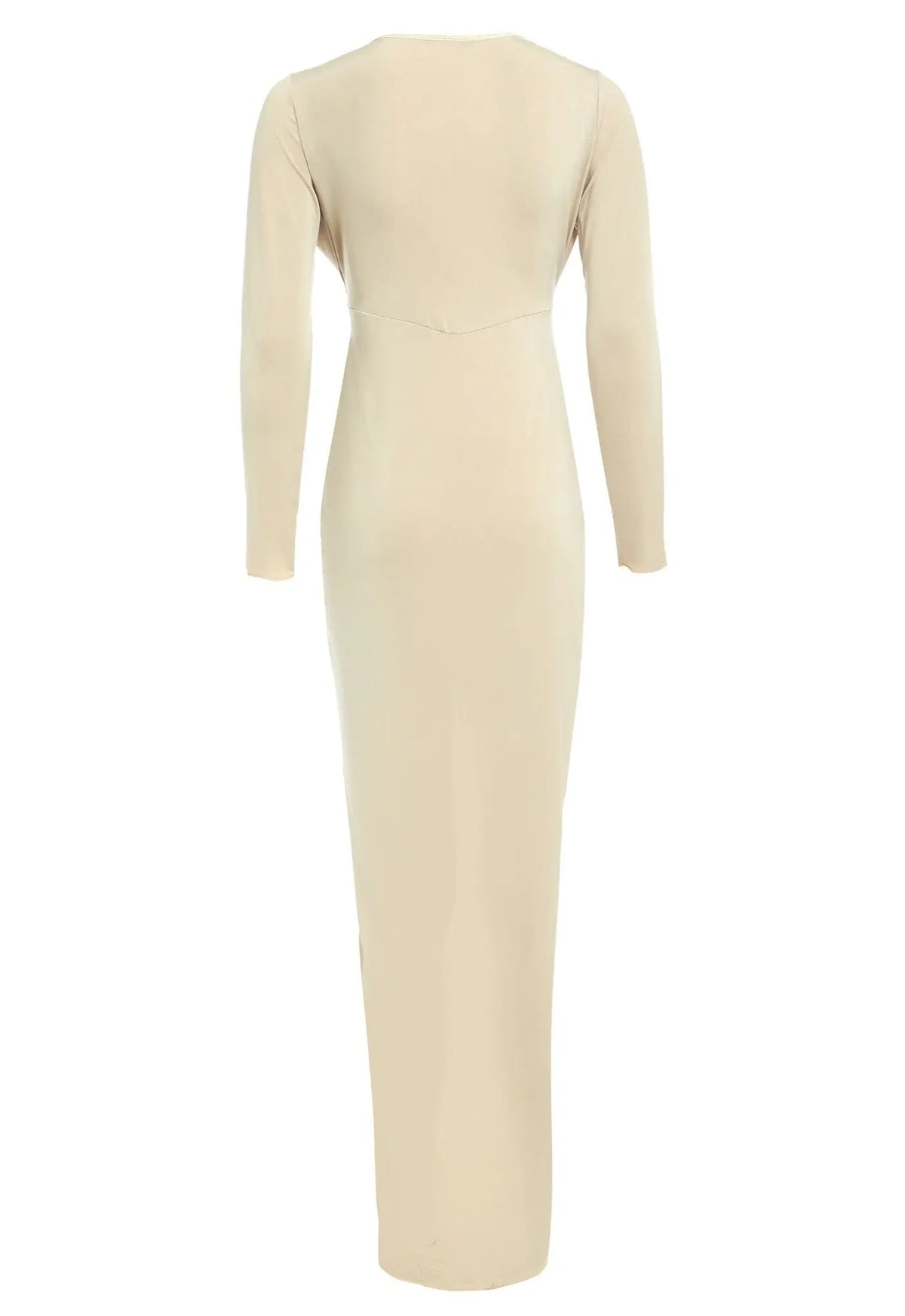 The Sarvin Low Cut Midi Dress is shown from the back in beige. This long bodycon dress has long sleeves, a simple design, and subtle seam detail below the shoulder blades, with no visible embellishments.
