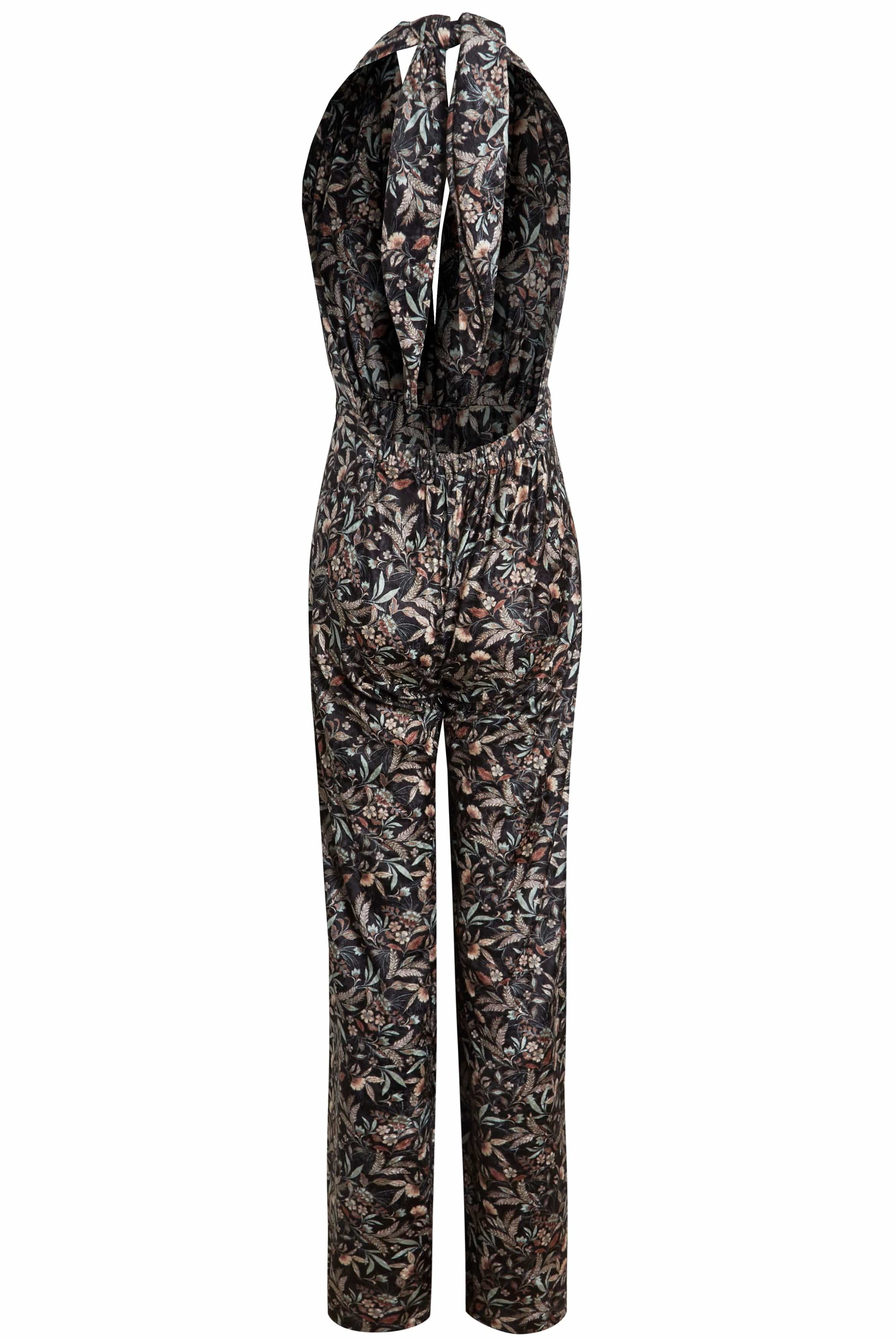 A Sarvin Floral Velvet Backless Jumpsuit on a white background.