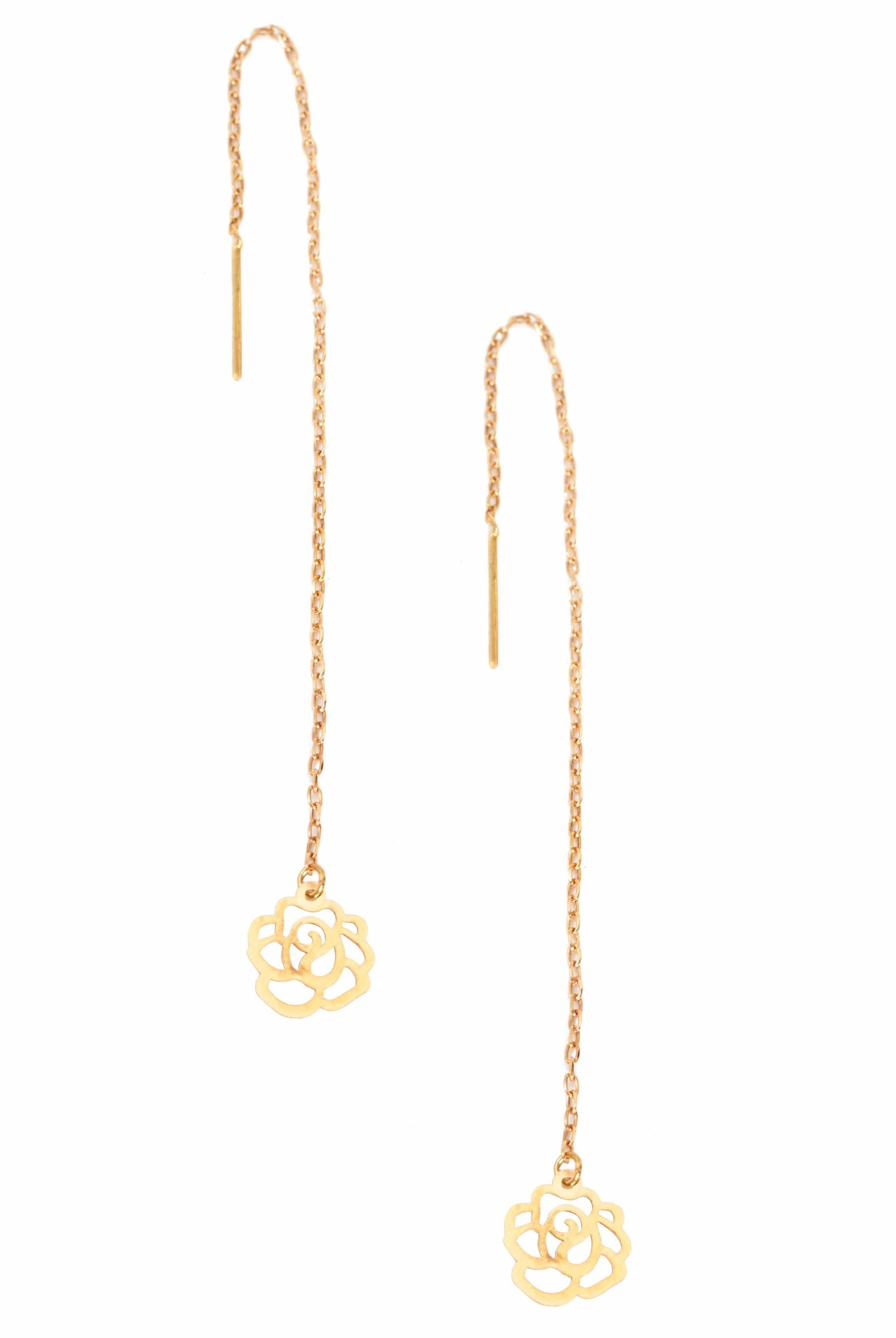 The Sarvin Flower Shape 18K Gold Drop Earrings feature delicate chains and openwork flower charms in a minimalist pull-through design.
