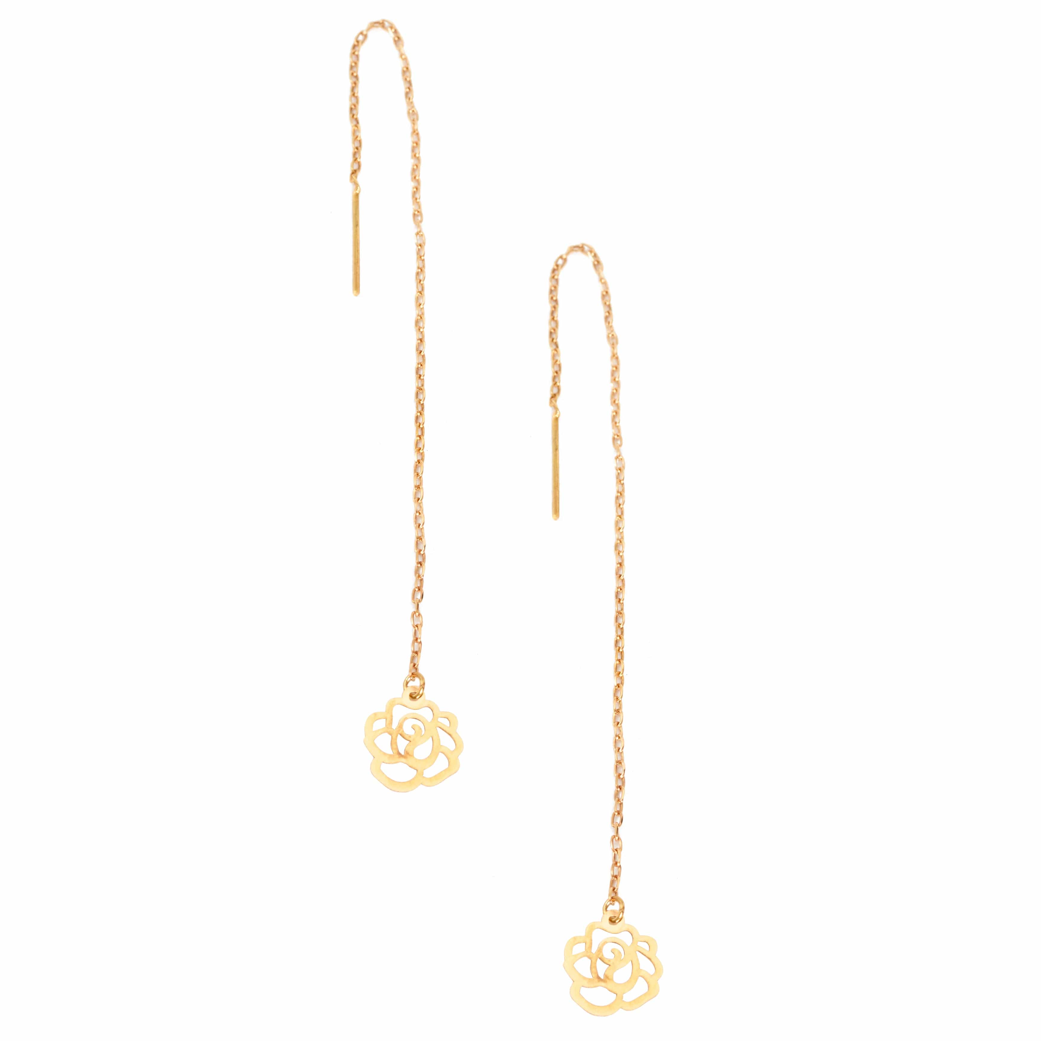 The Sarvin Flower Shape 18K Gold Drop Earrings feature delicate chains and openwork flower charms in a minimalist pull-through design.