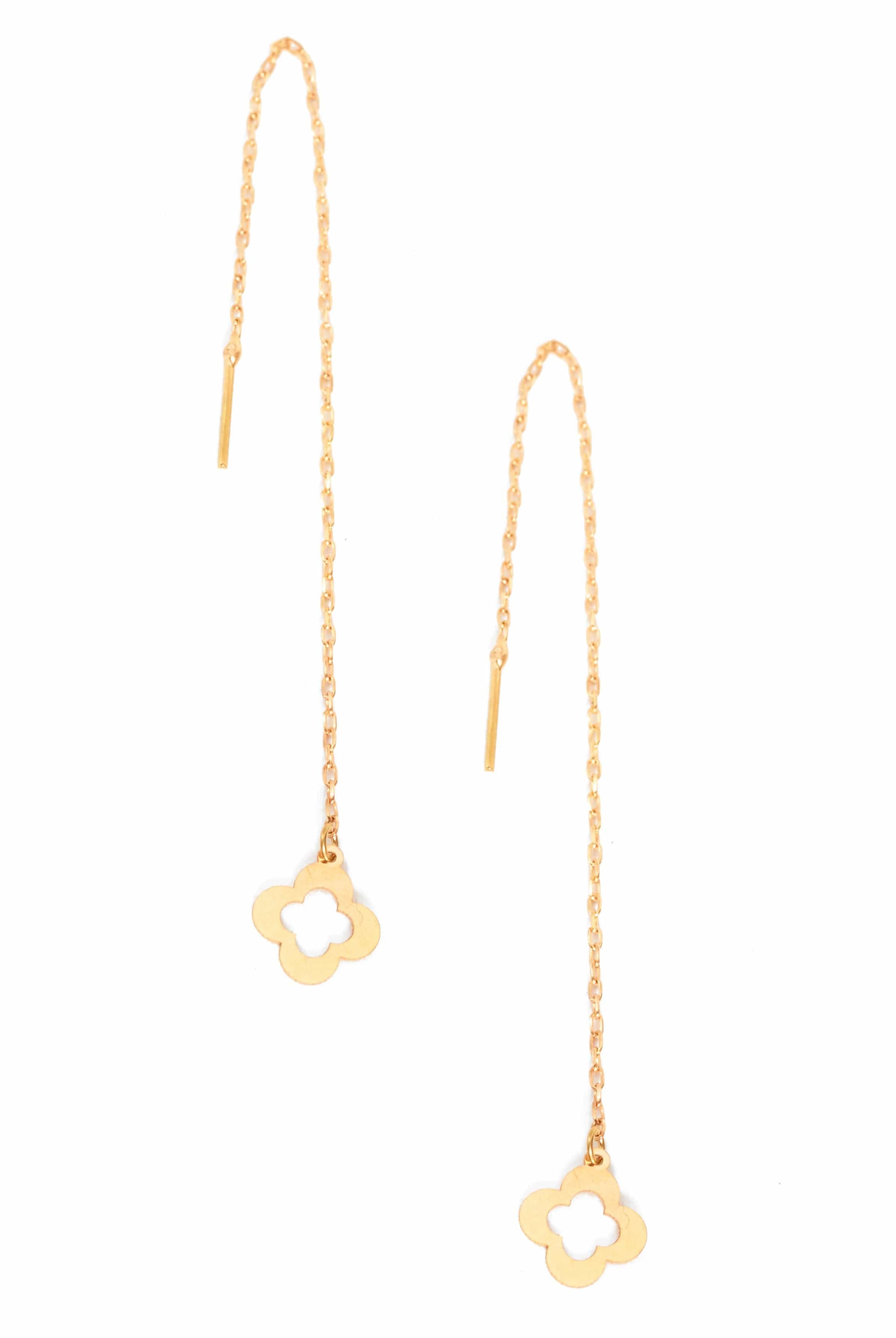 The Sarvin Clover Shape 18K Gold Threader Earrings feature a chic pull-through design with a delicate chain and open clover at each end.