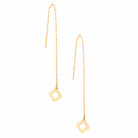 The Sarvin Clover Shape 18K Gold Threader Earrings feature a chic pull-through design with a delicate chain and open clover at each end.