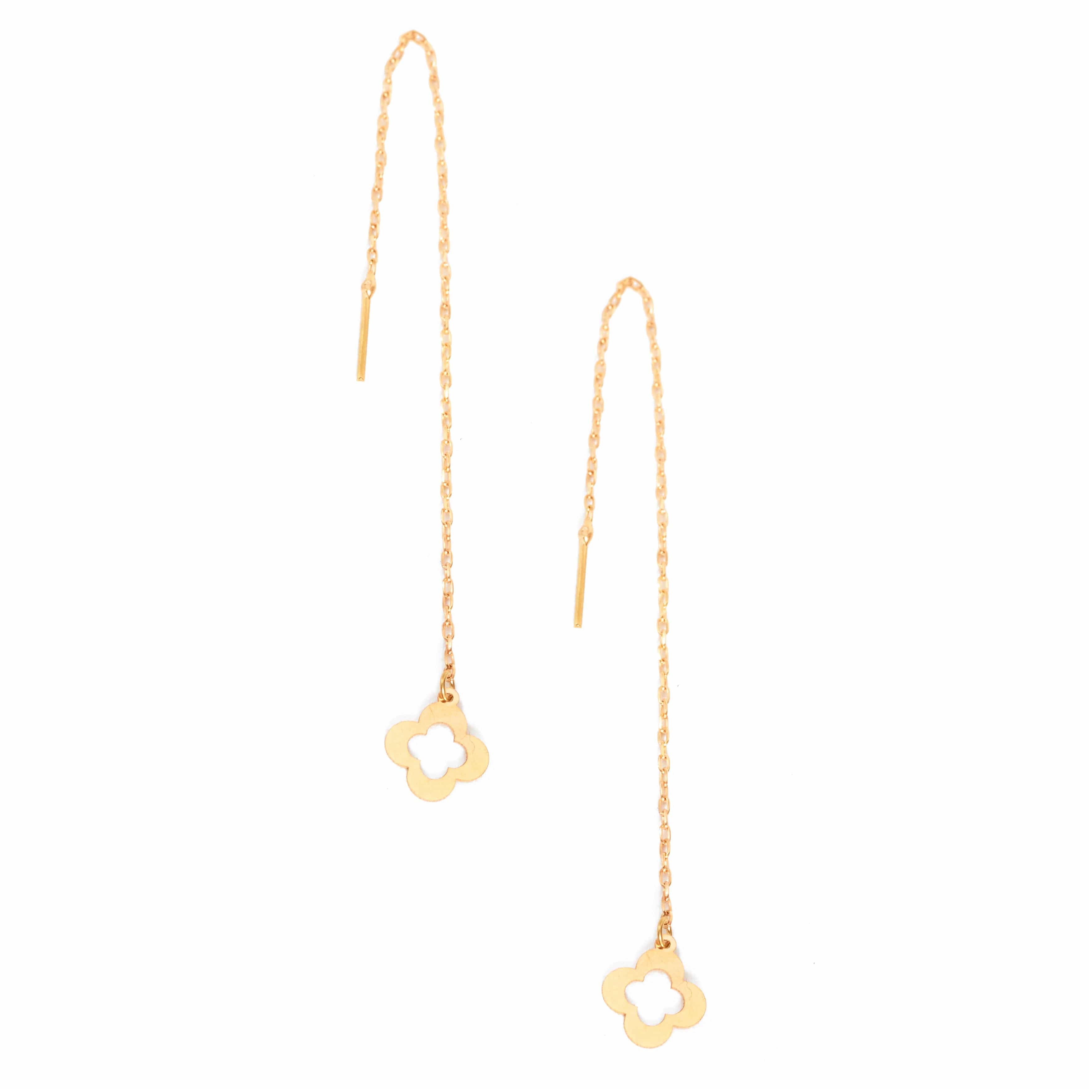 The Sarvin Clover Shape 18K Gold Threader Earrings feature a chic pull-through design with a delicate chain and open clover at each end.