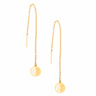 The Sarvin Circle Shape 18K Gold Drop Earrings are minimalist threaders with thin chains, small round pendants, and sleek bars at each end for easy wear.