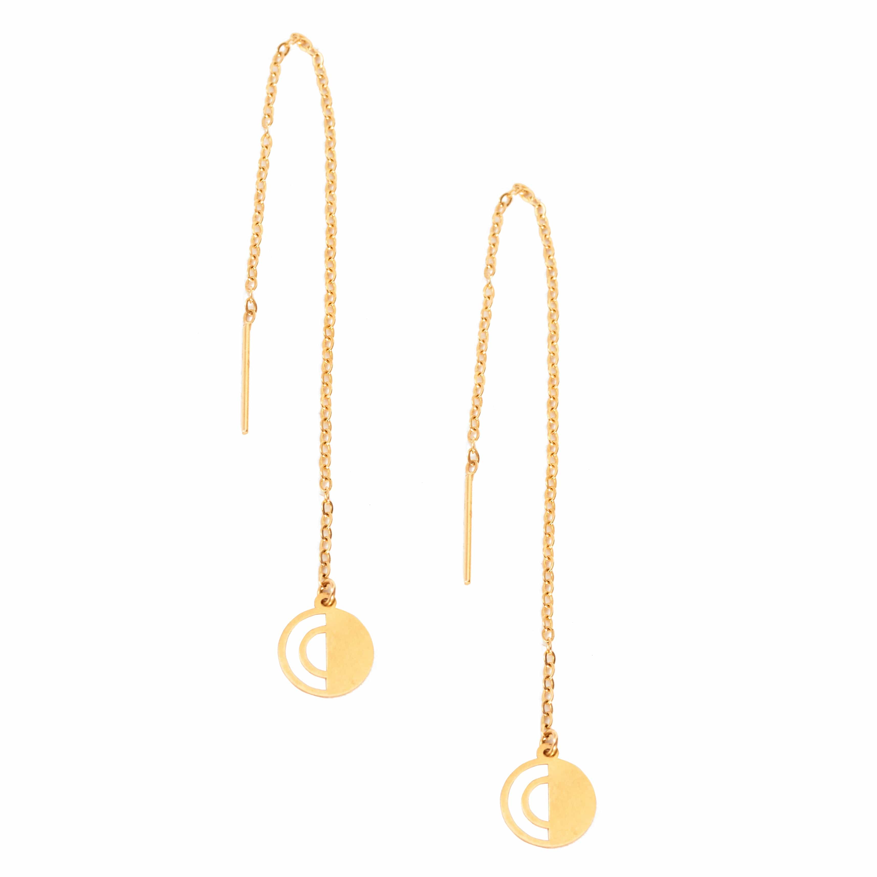 The Sarvin Circle Shape 18K Gold Drop Earrings are minimalist threaders with thin chains, small round pendants, and sleek bars at each end for easy wear.