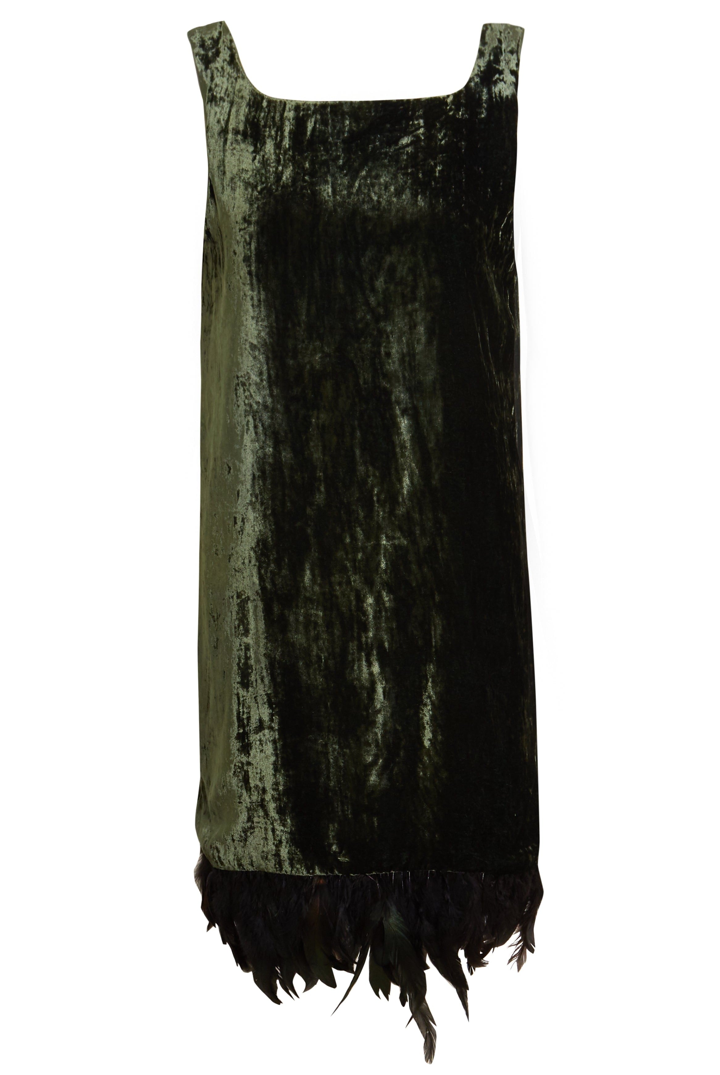 The Sarvin Silk Velvet Feather Trim Dress is a sleeveless, forest green cocktail dress featuring a straight neckline and ostrich feather hem, shown against a white background.