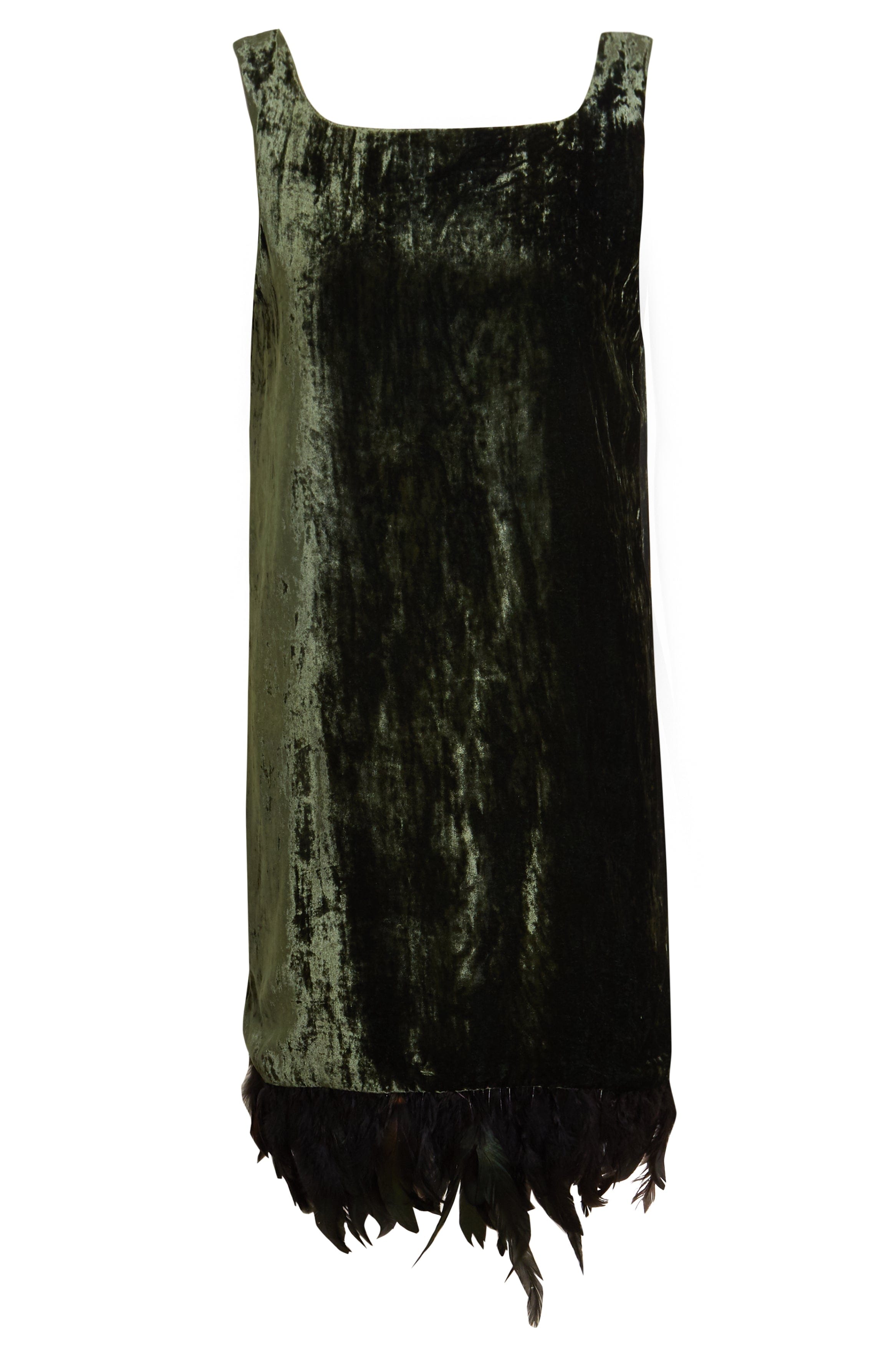 The Sarvin Silk Velvet Feather Trim Dress is a sleeveless, forest green cocktail dress featuring a straight neckline and ostrich feather hem, shown against a white background.