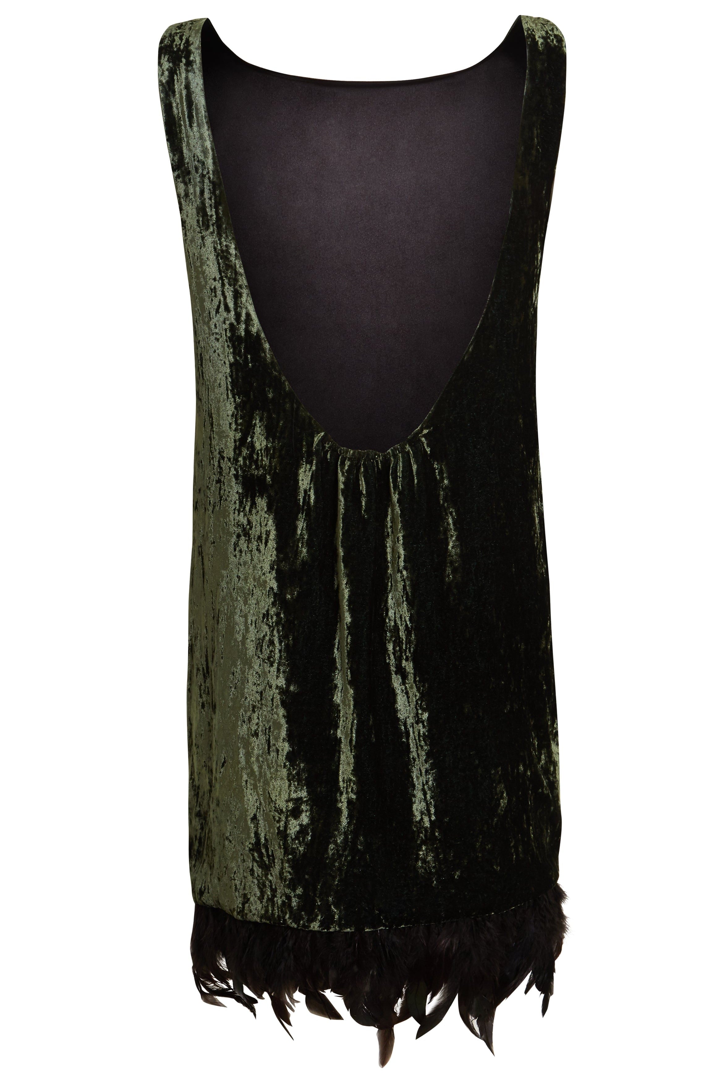 The Sarvin Silk Velvet Feather Trim Dress in forest green features a sleeveless design, deep scoop neckline, and ostrich feather hem, photographed against a white background.