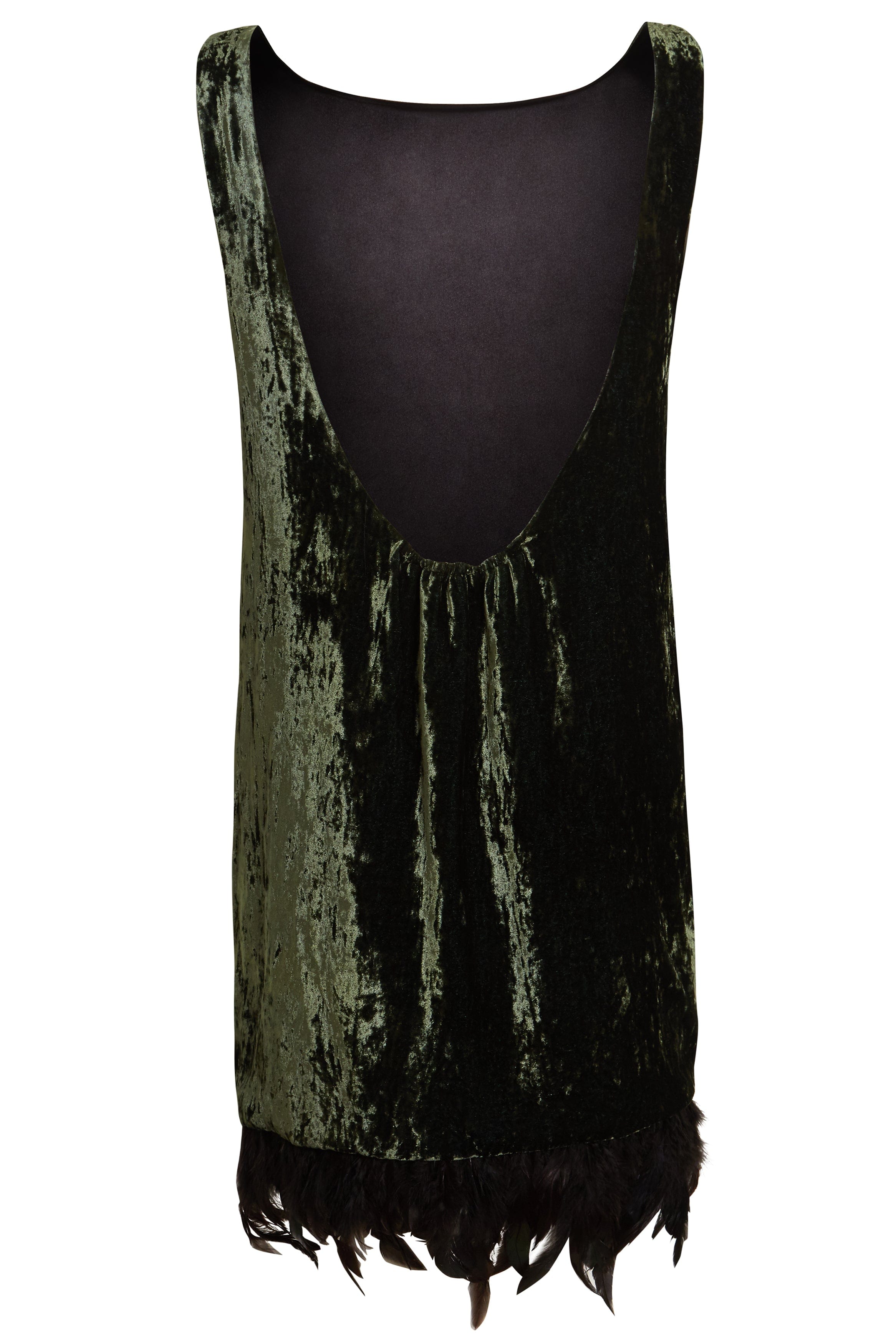 The Sarvin Silk Velvet Feather Trim Dress in forest green features a sleeveless design, deep scoop neckline, and ostrich feather hem, photographed against a white background.