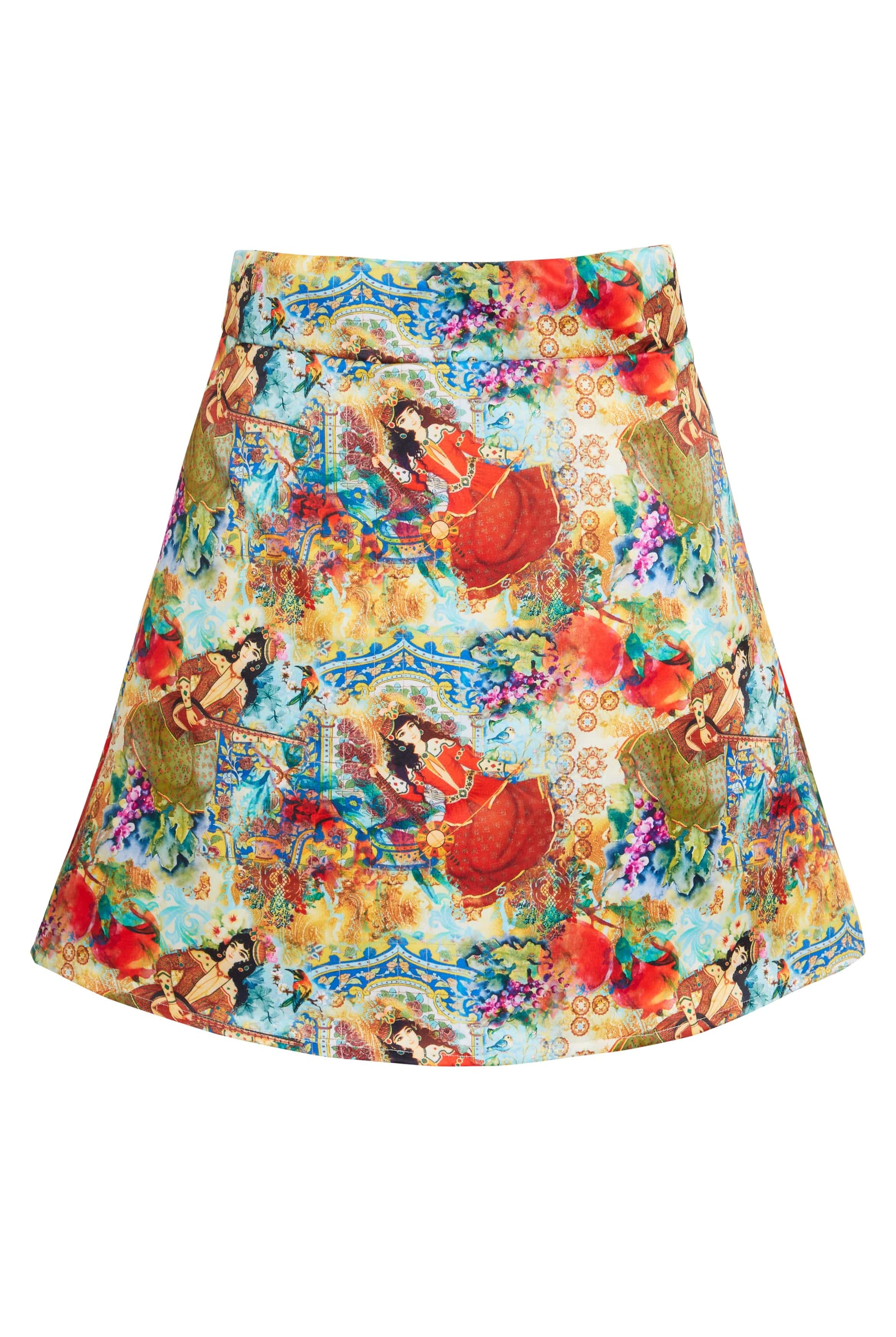The Sarvin Persian Printed Mini Skirt features a colorful, artistic print of women in traditional attire with vibrant floral and decorative patterns on a multicolored background.