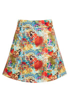 The Sarvin Persian Printed Mini Skirt features a colorful, artistic print of women in traditional attire with vibrant floral and decorative patterns on a multicolored background.