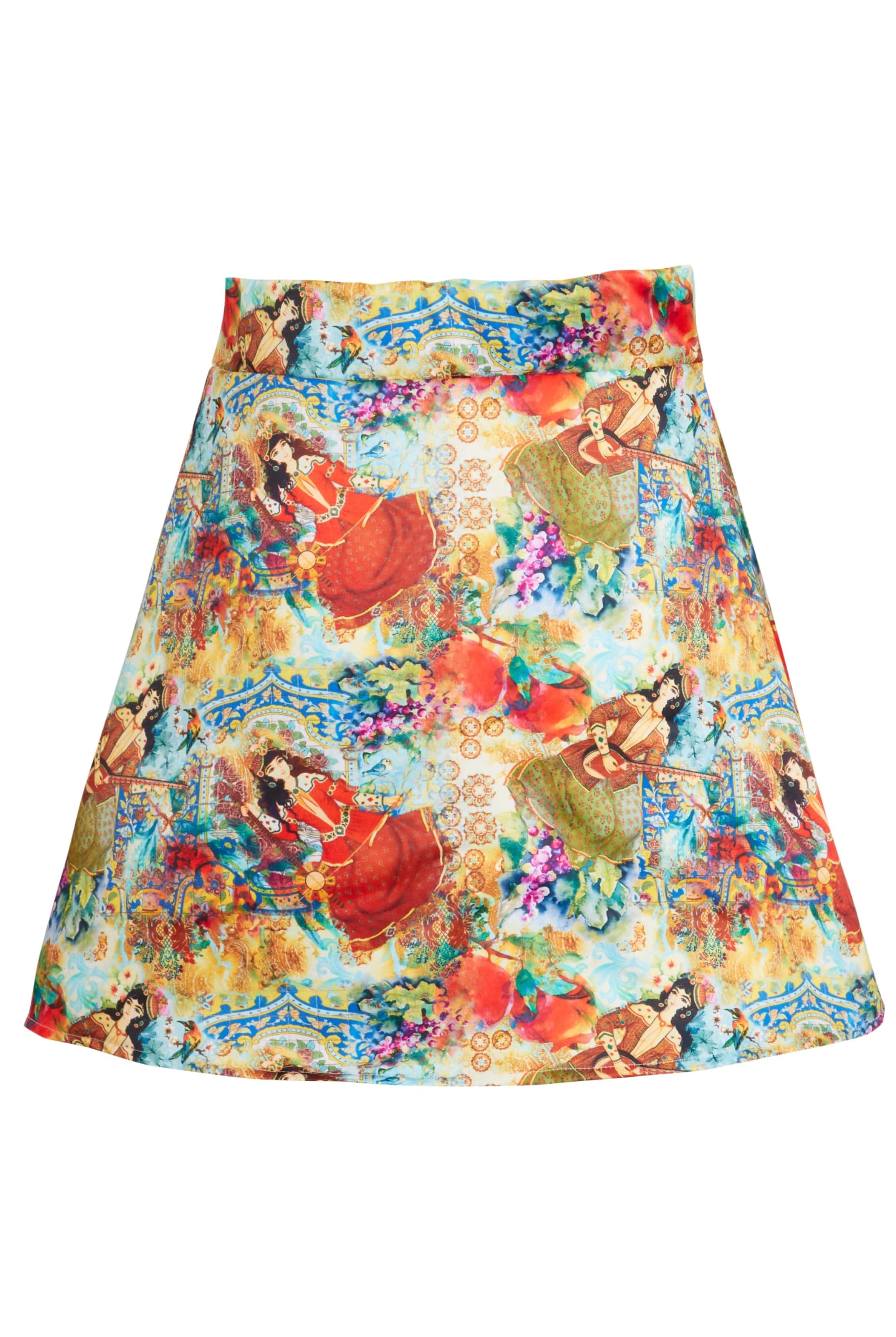 The Sarvin Persian Printed Mini Skirt features a vibrant, intricate print inspired by Persian art, with people in traditional attire, musical instruments, and floral motifs on a colorful background.