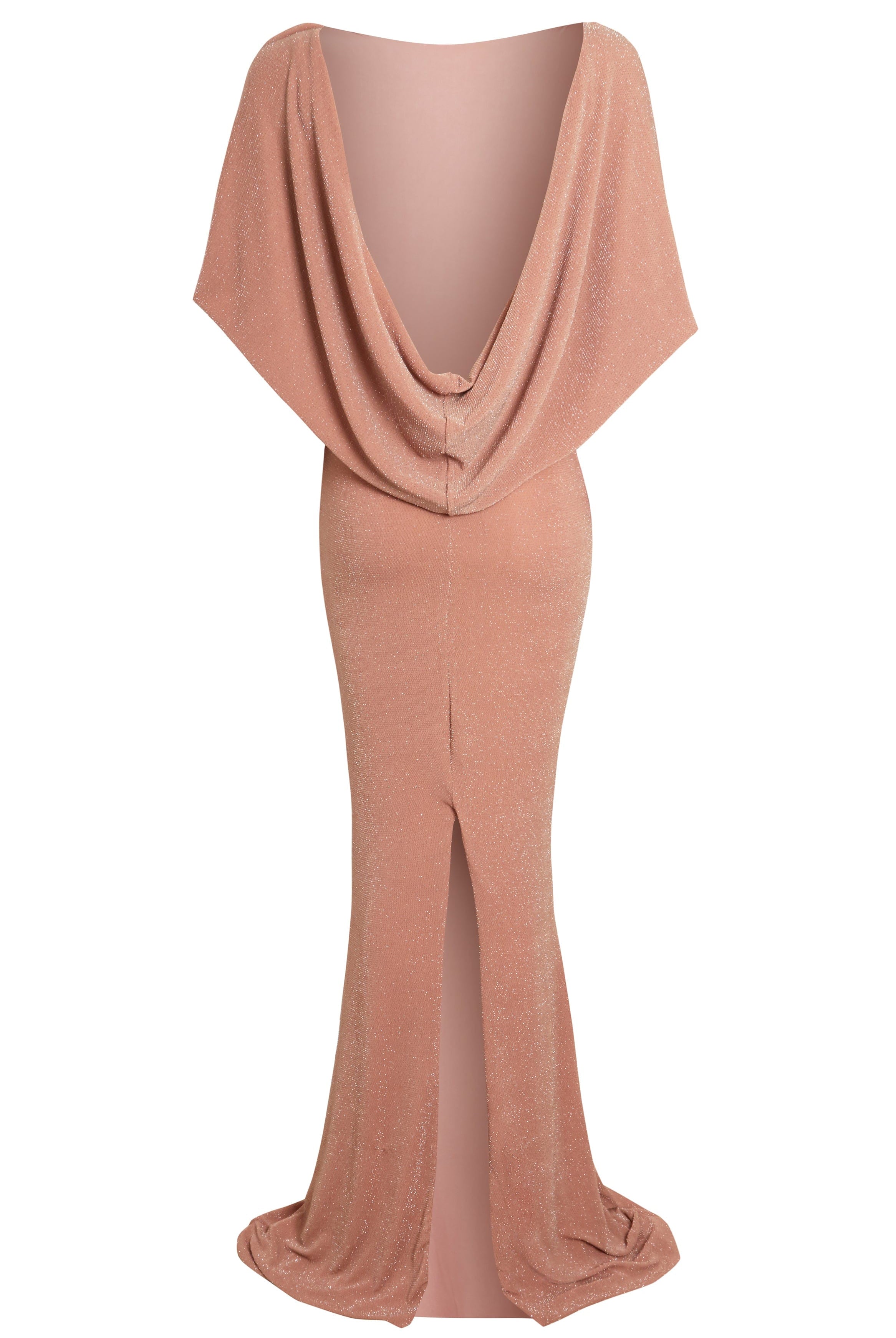 the back view of a Mocha Backless Maxi Dress with a slit by Sarvin.