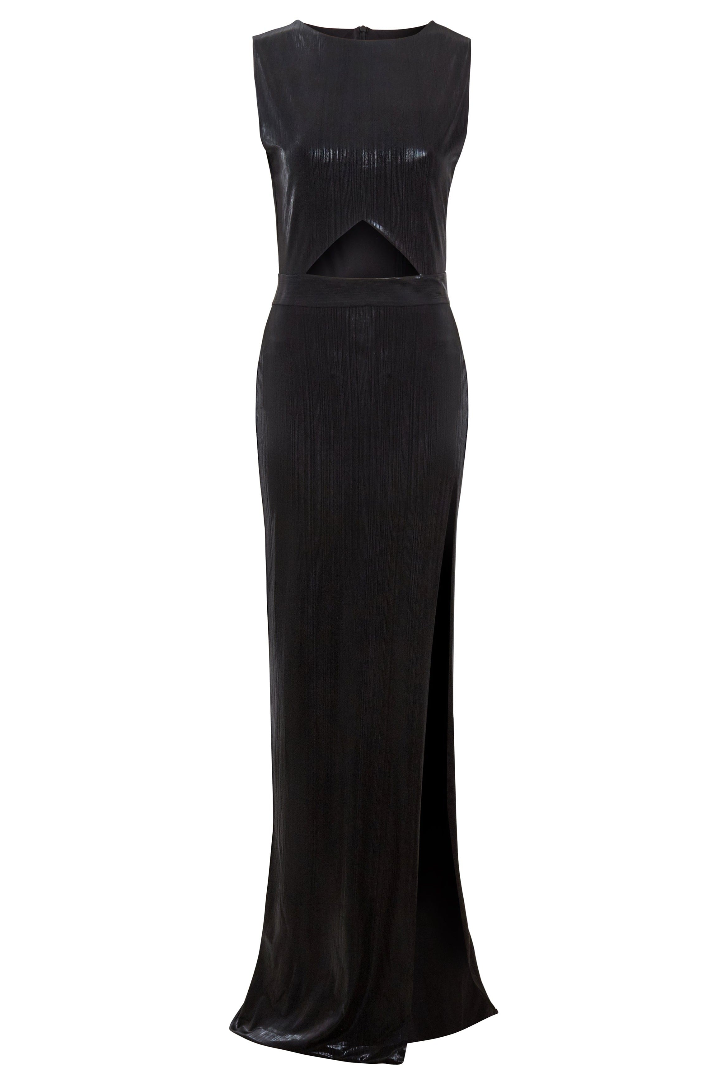 The Black Cut-Out Maxi Dress by Sarvin features a sleeveless design, high slit, and triangular waist cutout, crafted from sparkly fabric for a bold evening statement.