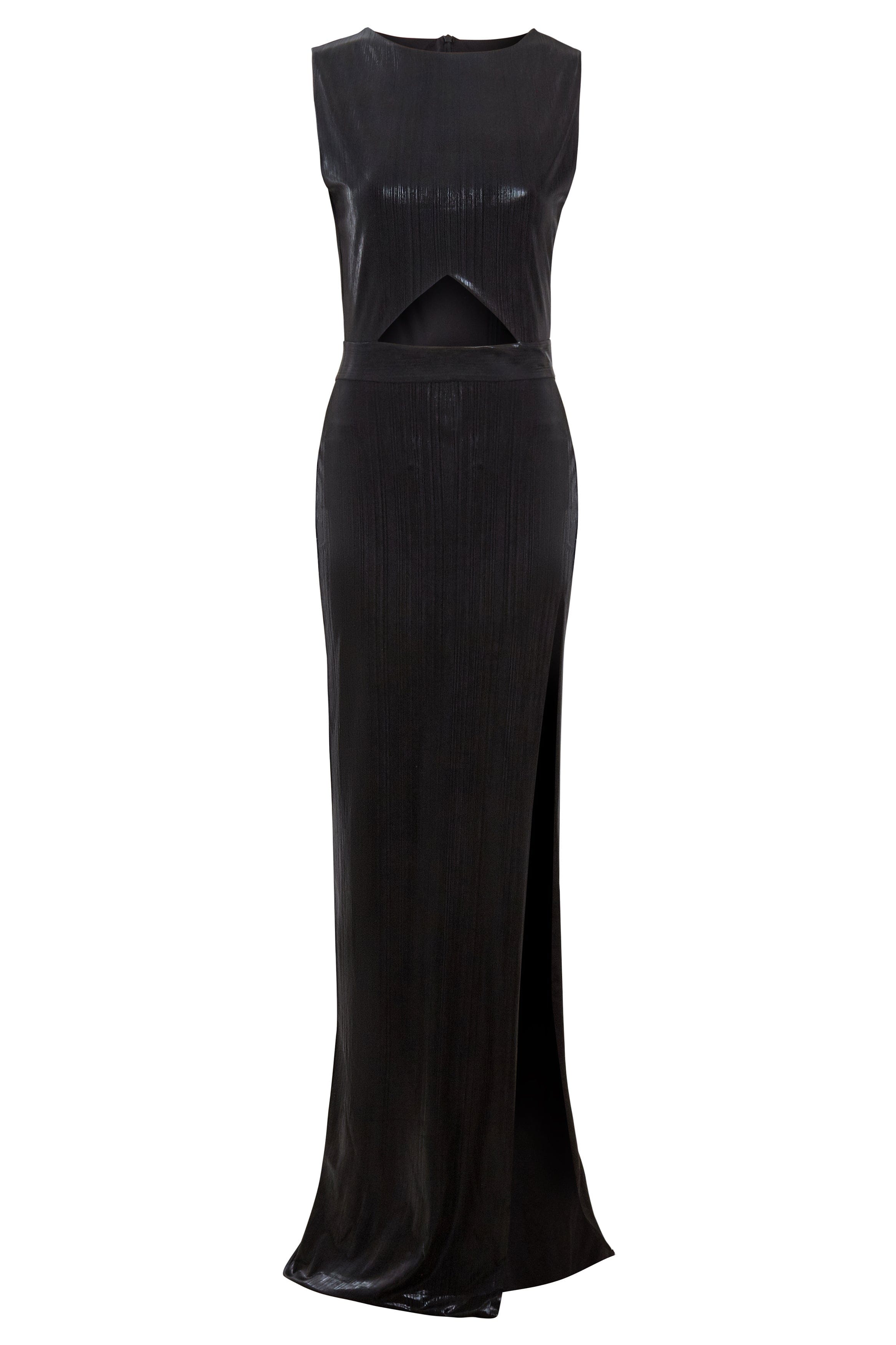 The Black Cut-Out Maxi Dress by Sarvin features a sleeveless design, high slit, and triangular waist cutout, crafted from sparkly fabric for a bold evening statement.