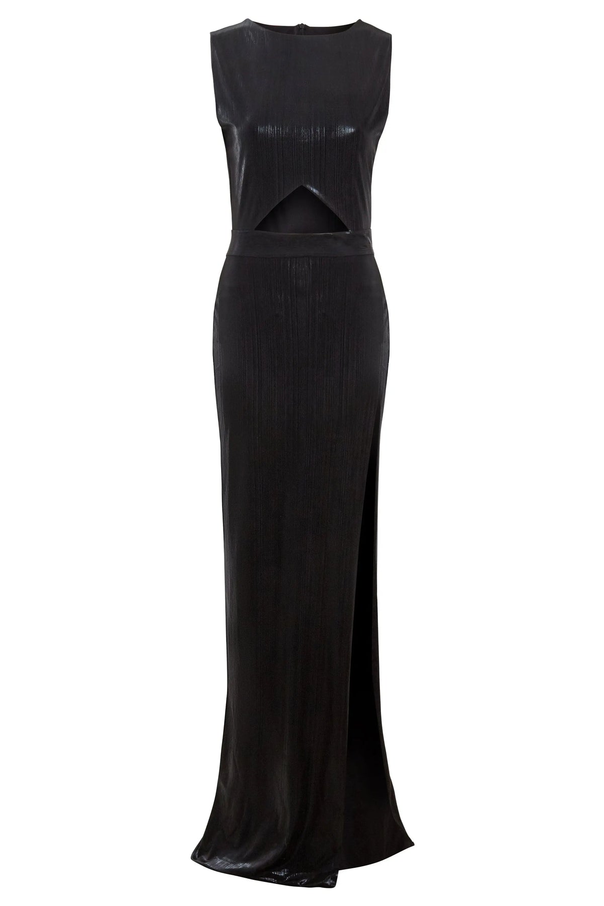 The Black Cut-Out Maxi Dress by Sarvin features a sleeveless design, high slit, and triangular waist cutout, crafted from sparkly fabric for a bold evening statement.