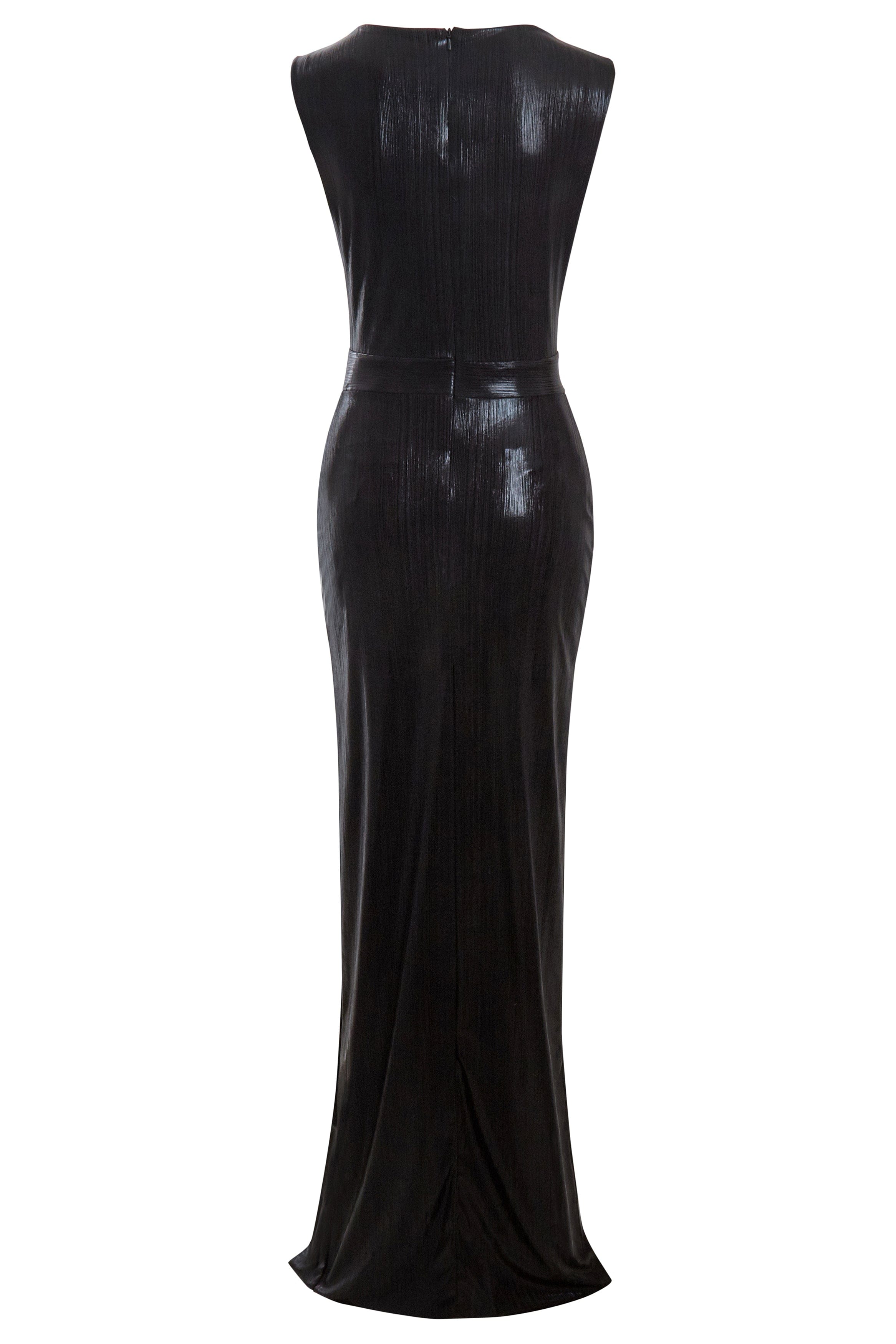 The Sarvin Black Cut-Out Maxi Dress is a sleeveless, floor-length gown with a subtle sheen, fitted at the waist and slightly flared at the hem, shown from the back.