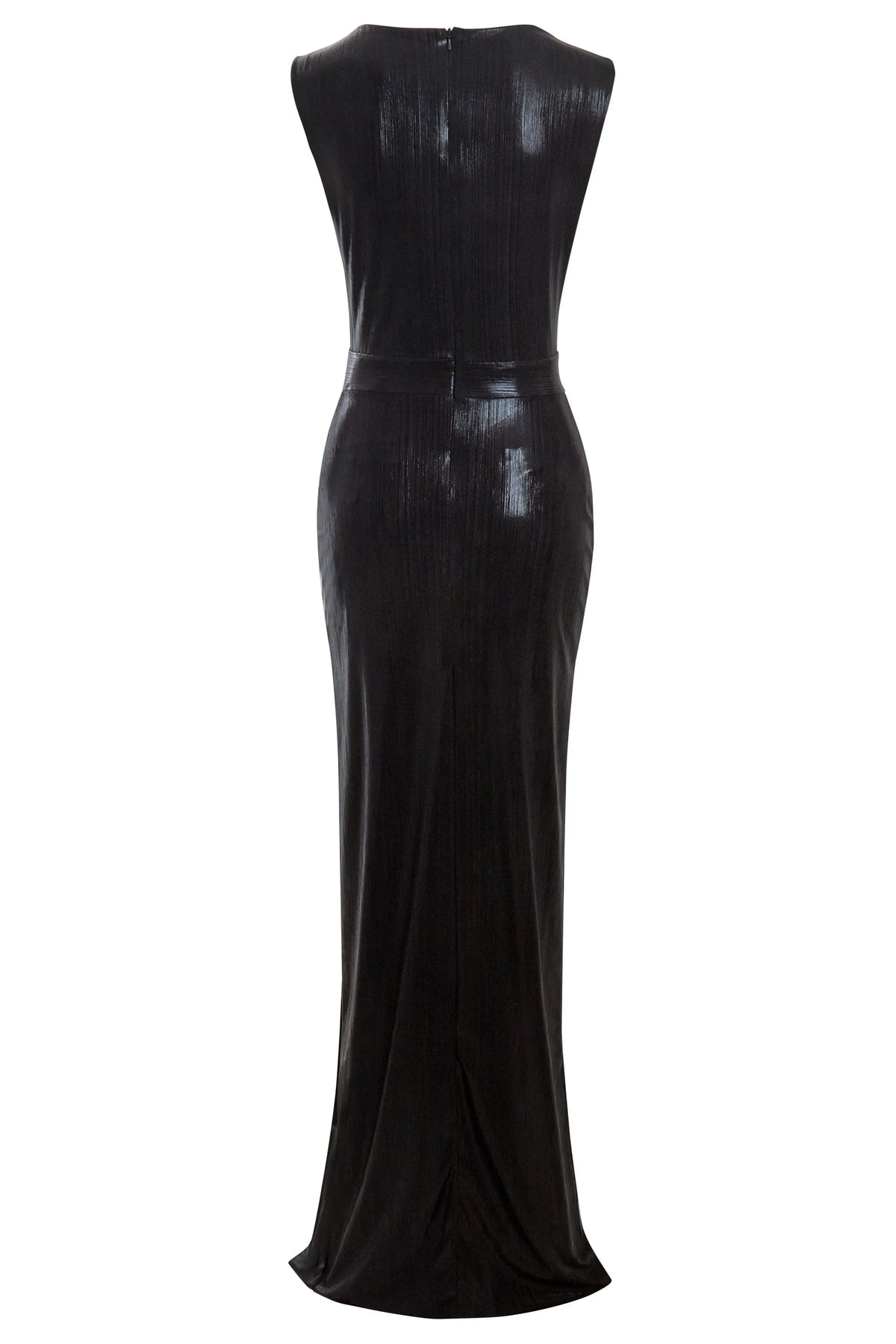 The Sarvin Black Cut-Out Maxi Dress is a sleeveless, floor-length gown with a subtle sheen, fitted at the waist and slightly flared at the hem, shown from the back.