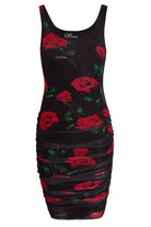 The Sarvin Ruched Bodycon Mini Dress is a sleeveless, form-fitting mini with a scoop neckline, side ruching, and a red rose floral print.