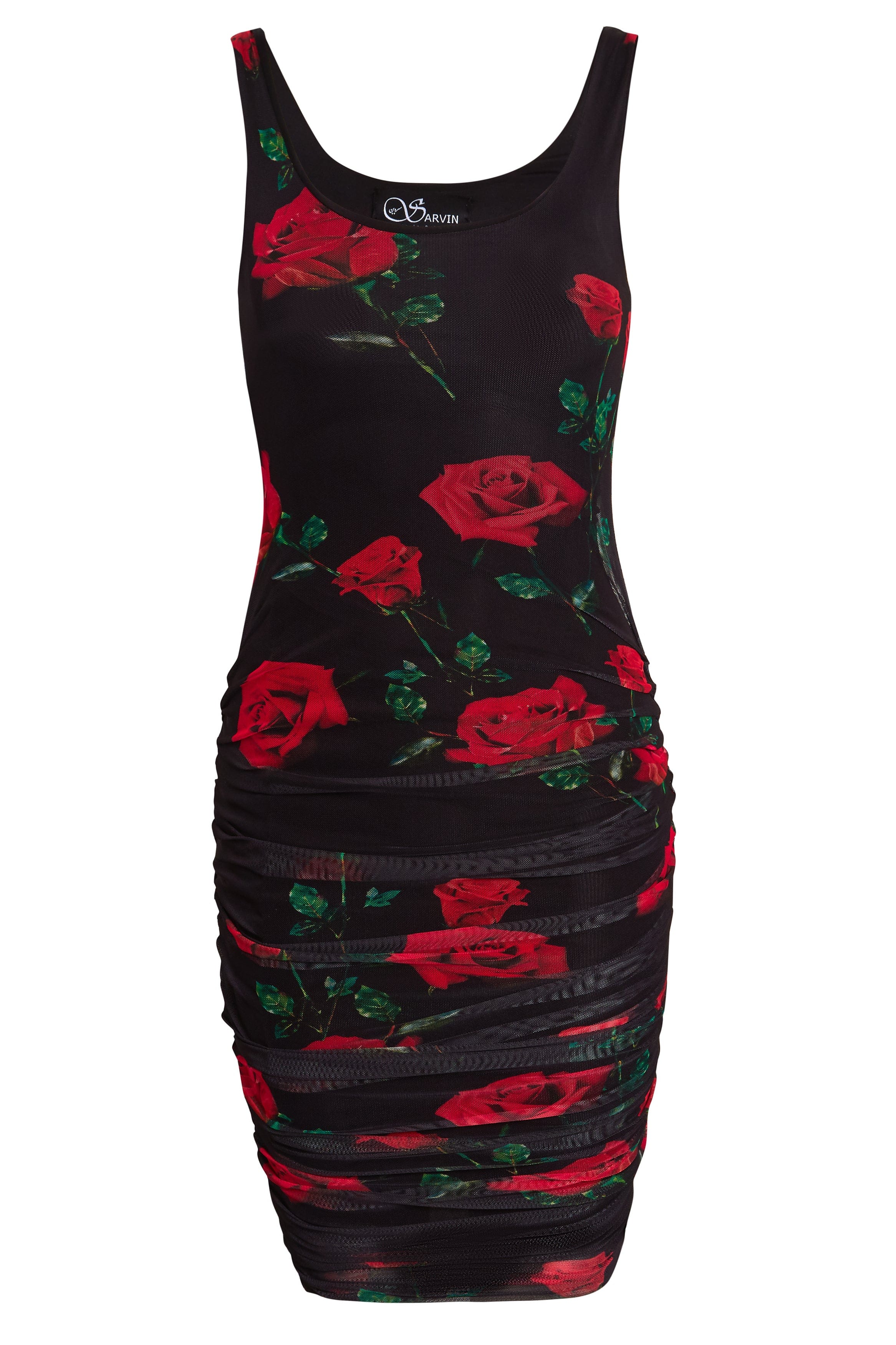 The Sarvin Ruched Bodycon Mini Dress is a sleeveless, form-fitting mini with a scoop neckline, side ruching, and a red rose floral print.