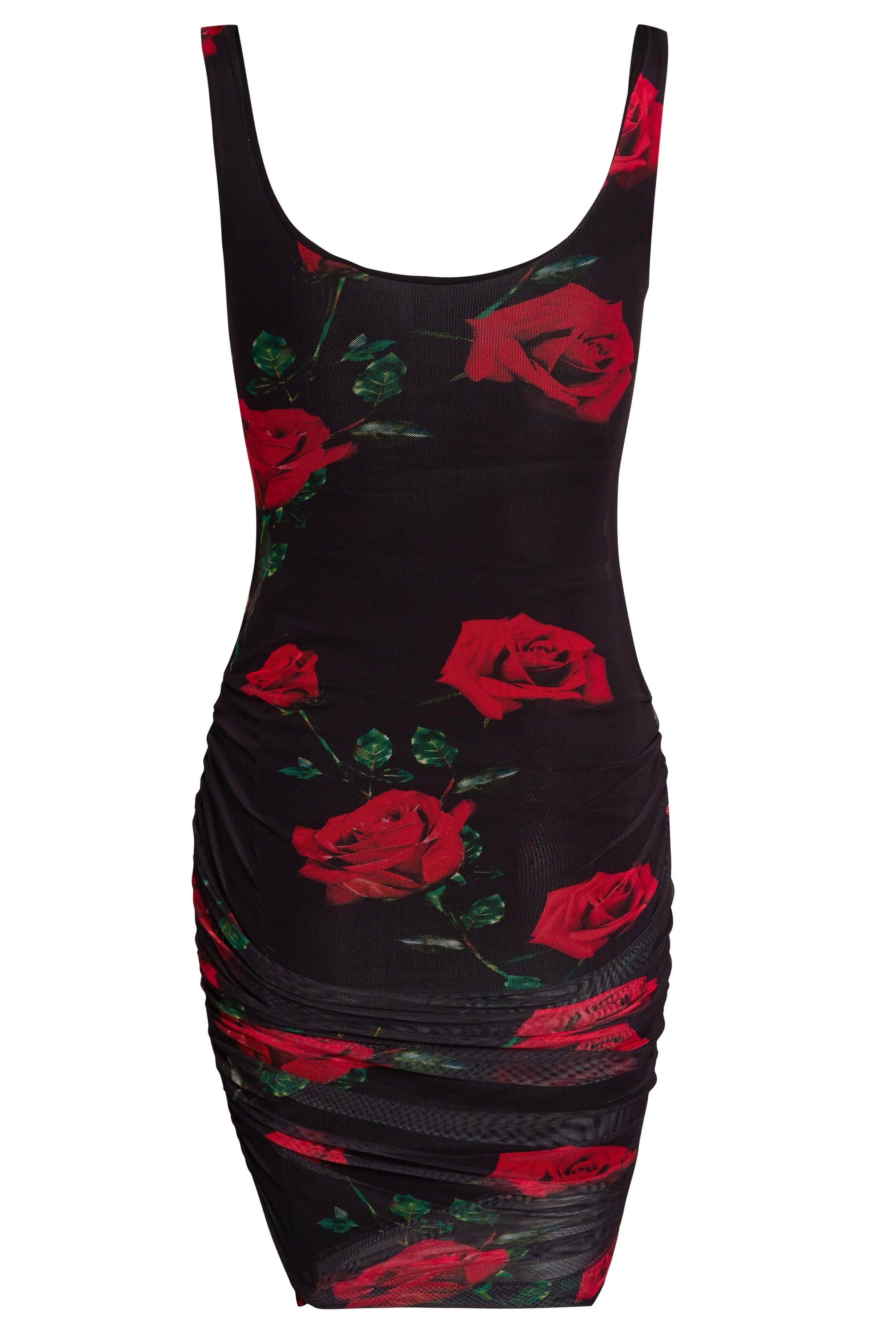 The Sarvin Ruched Bodycon Mini Dress is a sleeveless, form-fitting black mini dress with red rose and green leaf print, plus side ruching.