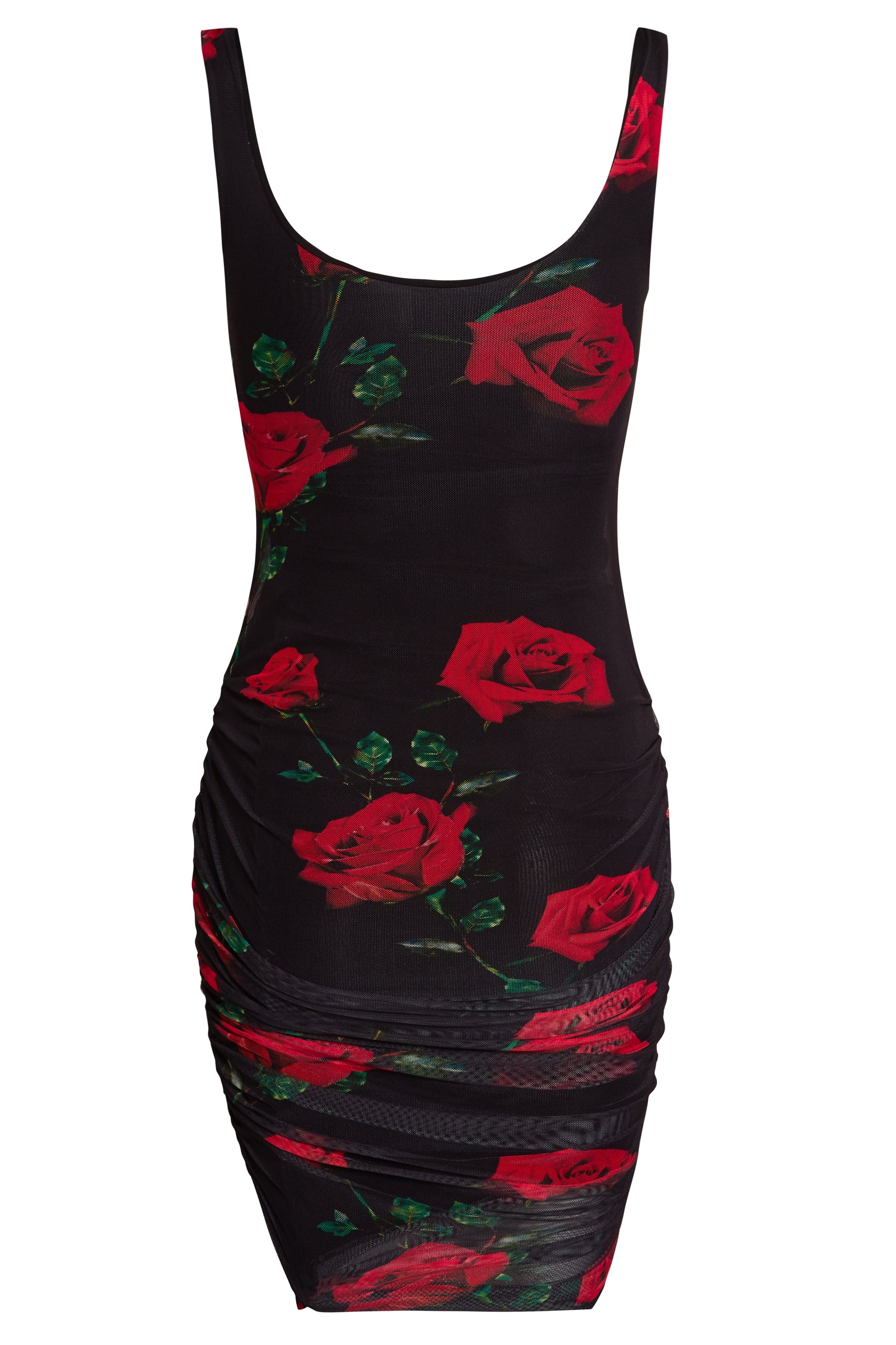 The Sarvin Ruched Bodycon Mini Dress is a sleeveless, form-fitting black mini dress with red rose and green leaf print, plus side ruching.