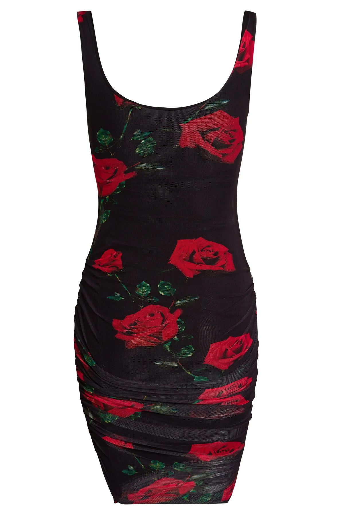 The Sarvin Ruched Bodycon Mini Dress is a sleeveless, form-fitting black mini dress with red rose and green leaf print, plus side ruching.