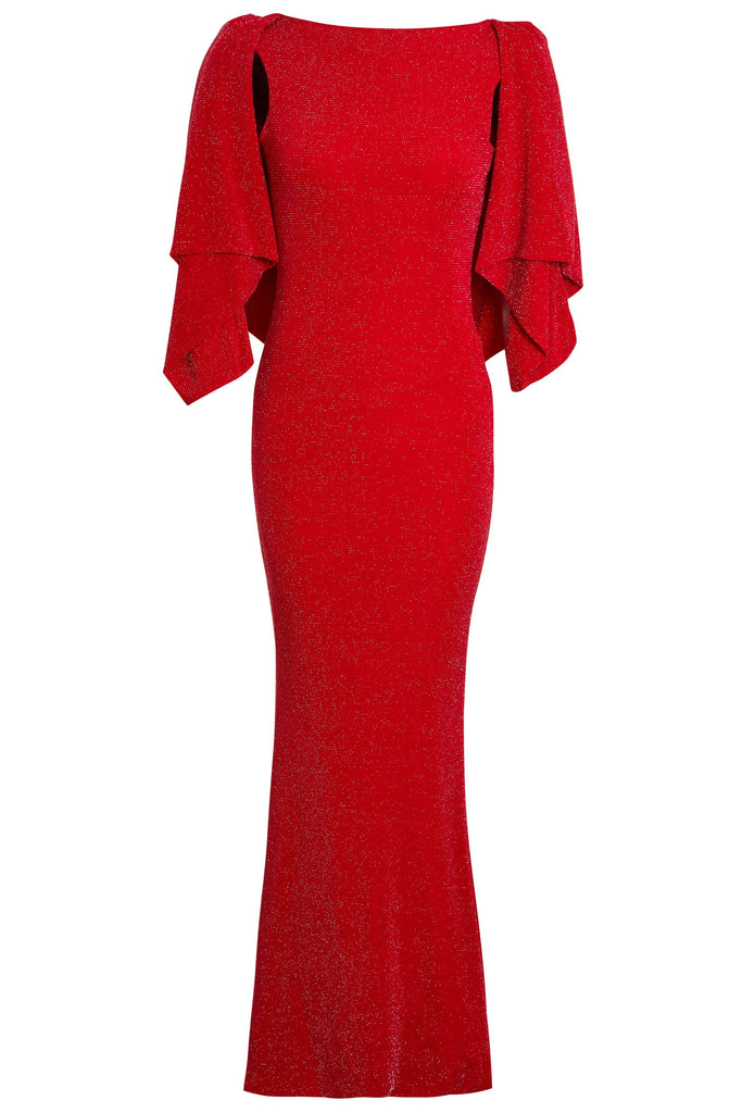 a Red Cowl Back Gown with a ruffled sleeve by Sarvin.