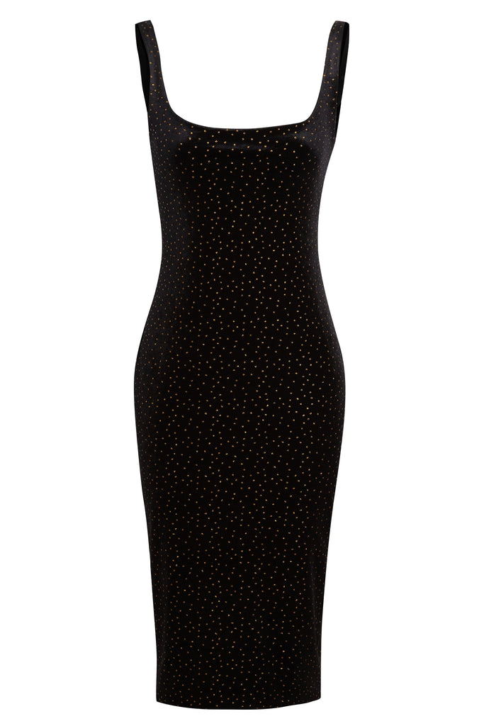 a Sarvin Sleeveless Floral Bodycon Dress with polka dots on it.