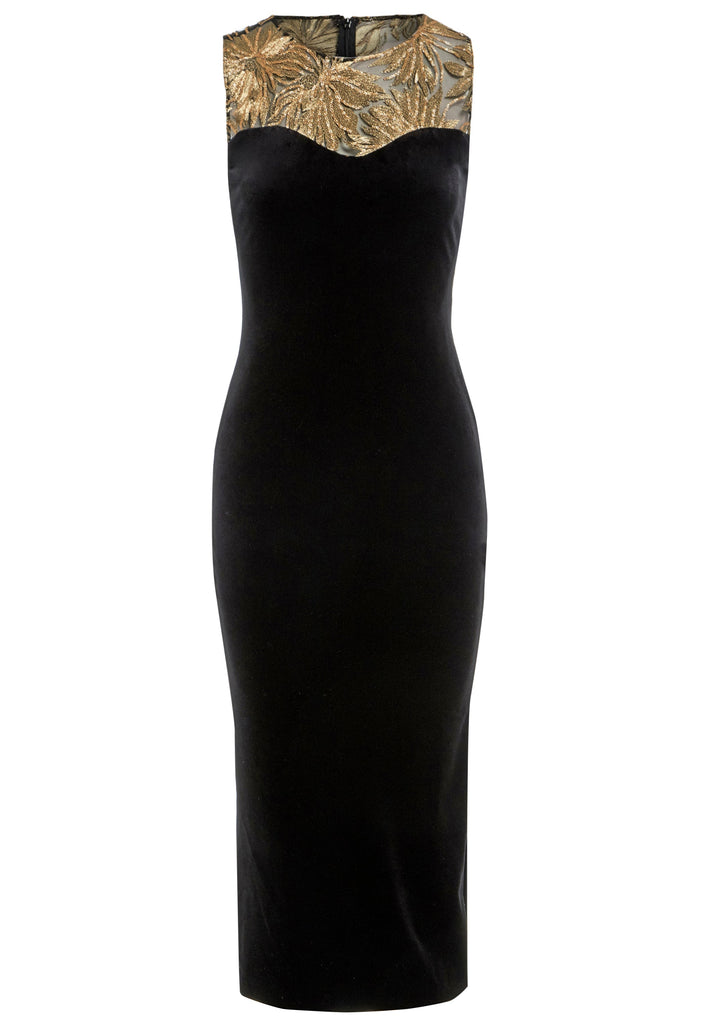 a Sarvin Velvet Bodycon Dress with gold detailing.