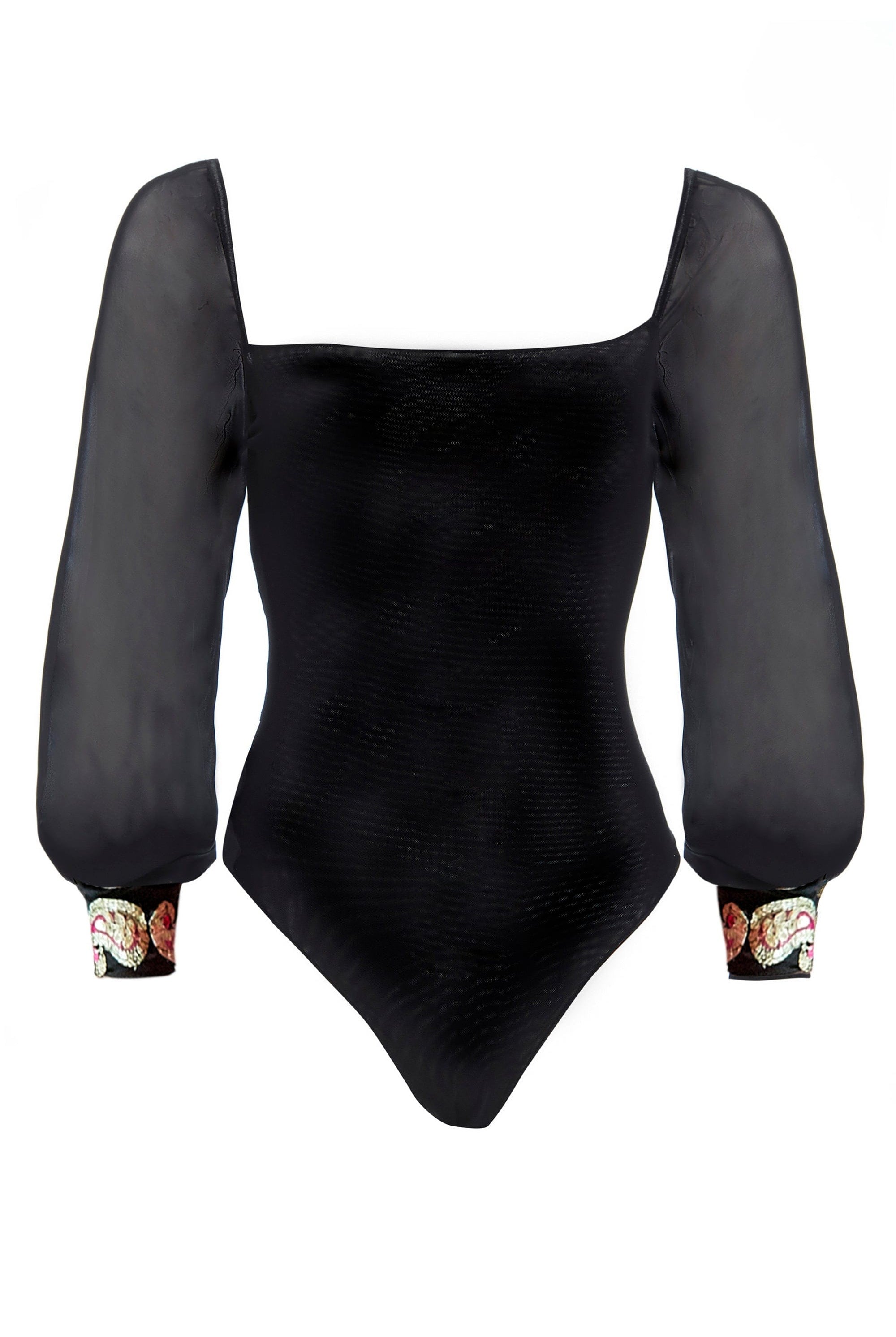The Sarvin Black Mesh Bodysuit features sheer long puffed sleeves, a square neckline, textured fabric, and embellished cuffs with a colorful floral pattern for an elegant touch.