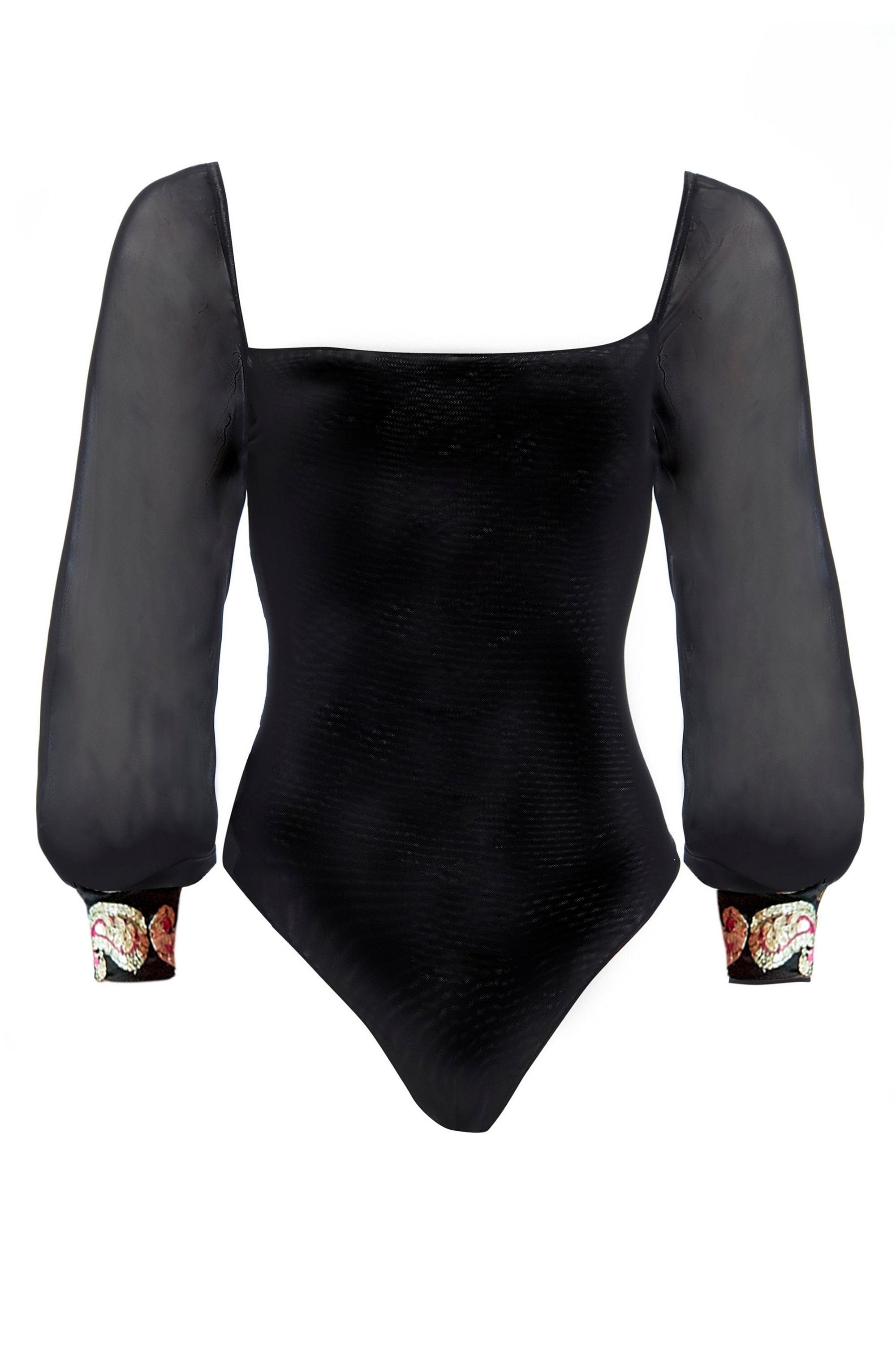 The Sarvin Black Mesh Bodysuit features sheer long puffed sleeves, a square neckline, textured fabric, and embellished cuffs with a colorful floral pattern for an elegant touch.