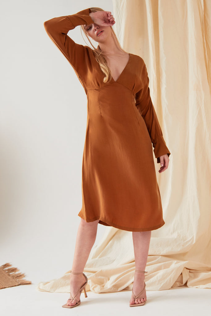 The model is wearing a brown silk midi dress.