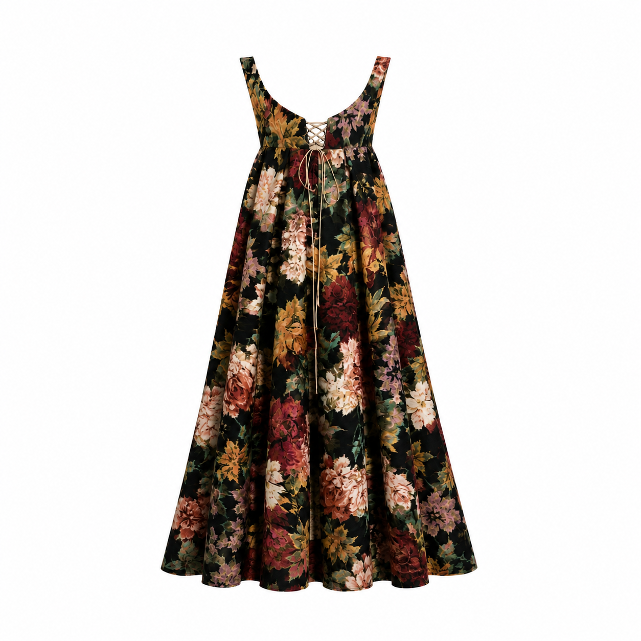 The Sarvin Golshifteh Floral Corset Midi Dress features a sleeveless design with red, yellow, and green florals on black, a fitted lace-up bodice, and a flowing skirt—blending timeless elegance with modern charm.