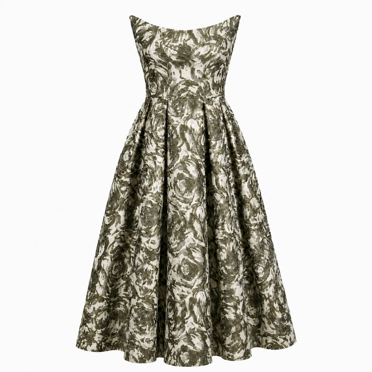 The Tala Corset Midi Dress by Sarvin features a sleeveless, fitted bodice and flared skirt with an abstract green and white floral print. A slightly off-the-shoulder neckline adds structure to this elegant midi silhouette.
