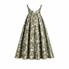 The Sarvin Tala Corset Midi Dress is a sleeveless, fitted dress with a flared skirt. It features green and white gold floral jacquard fabric with a textured look, shown against a plain white background.