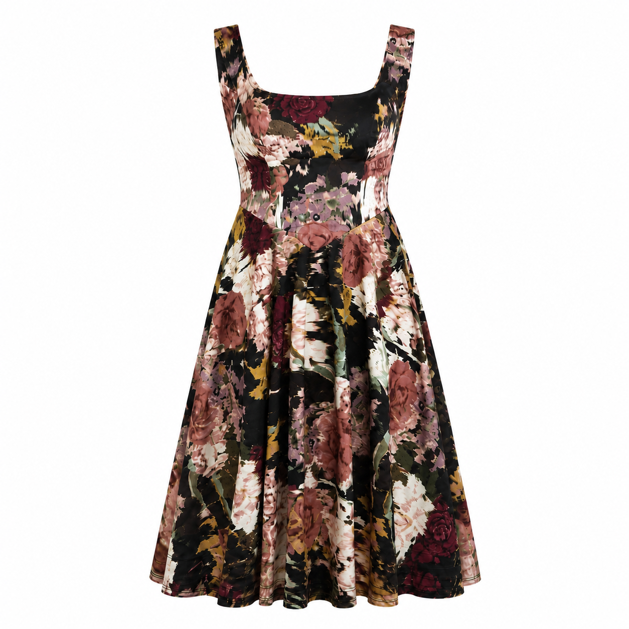 The Sarvin Golha Floral Corset Dress is a sleeveless, knee-length skater dress with a fitted bodice and flared skirt, crafted from premium jersey featuring burgundy, pink, and green florals on black.