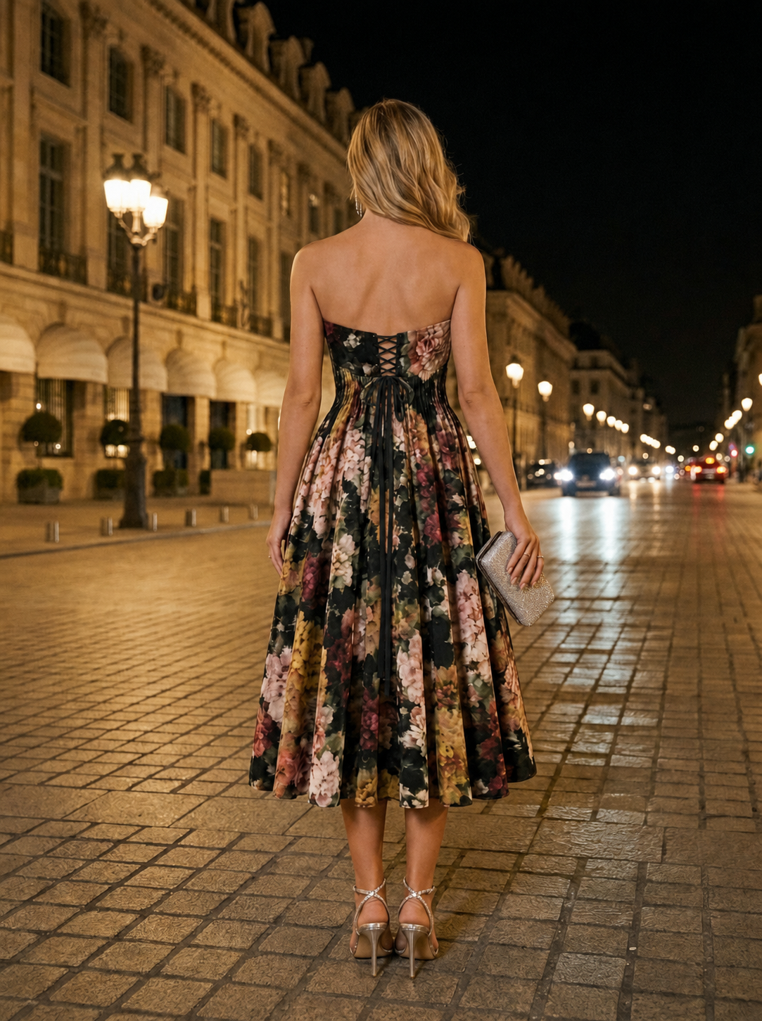 Wearing the Sarvin Golshifteh Floral Corset Midi Dress and heels, a woman stands on a cobblestone street at night, her back to the camera and a clutch in hand, framed by classic buildings and glowing streetlights.