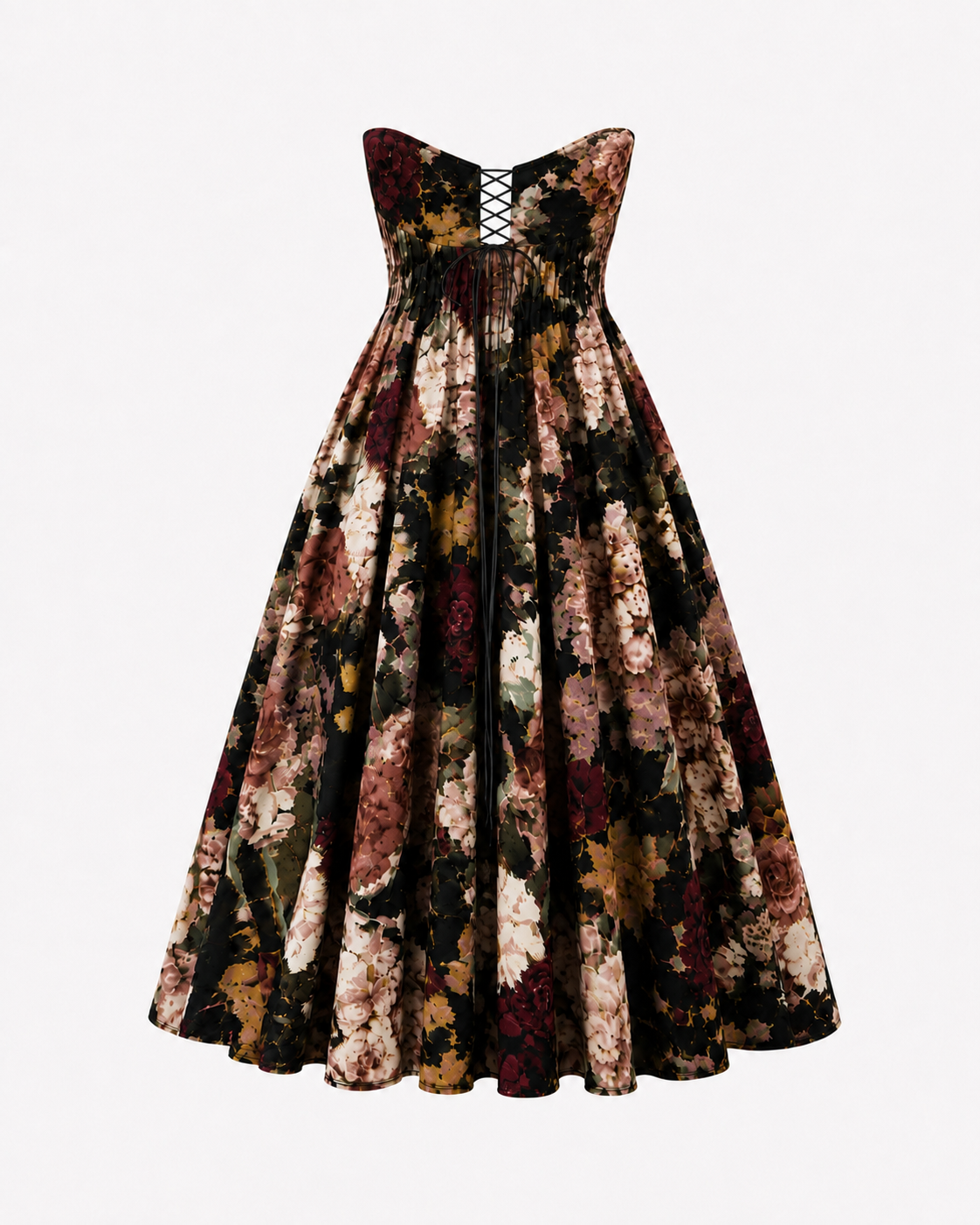 The Sarvin Golshifteh Floral Corset Midi Dress is a strapless A-line dress with a dark, muted floral pattern. It features a fitted bodice with a front lace-up detail and a full, pleated midi skirt. The dress is displayed against a plain white background.