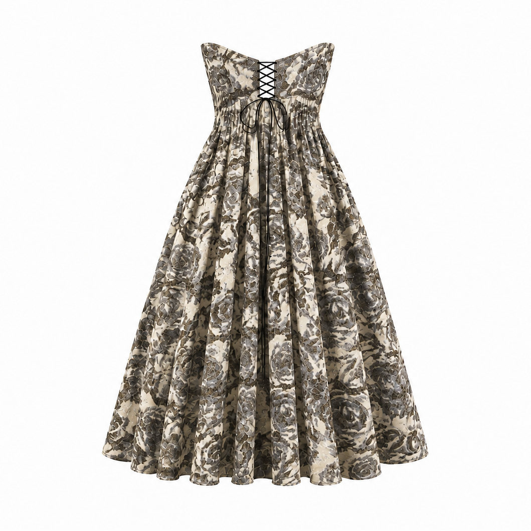 The Sarvin Tala Corset Midi Dress features a strapless, lace-up bodice and a full skirt in black and beige floral print, creating an elegant hourglass silhouette. Shown on a plain white background.