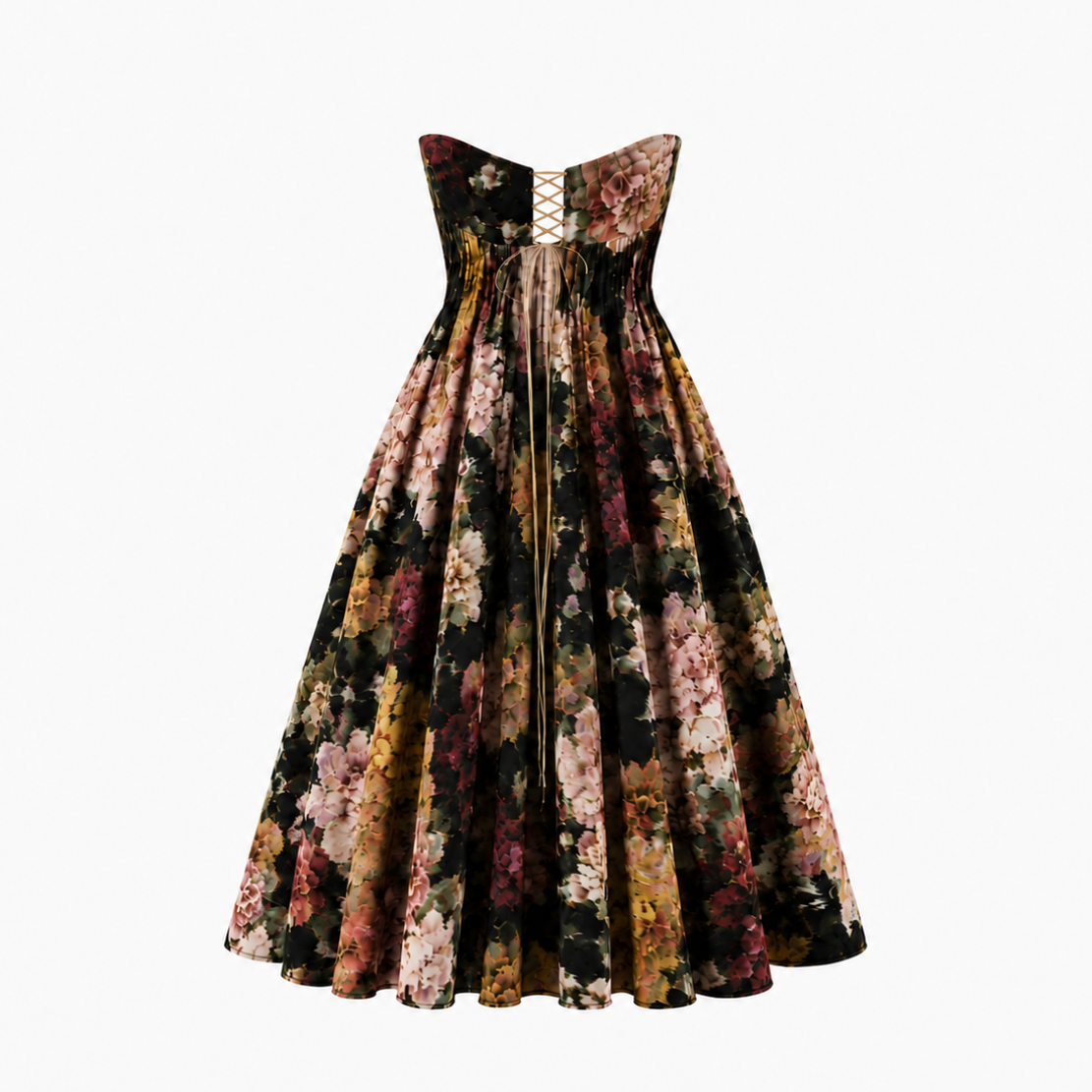 The Golshifteh Floral Corset Midi Dress by Sarvin features a strapless fitted bodice with lace-up back and dark floral pattern, finished with a flowing midi skirt for an elegant silhouette.