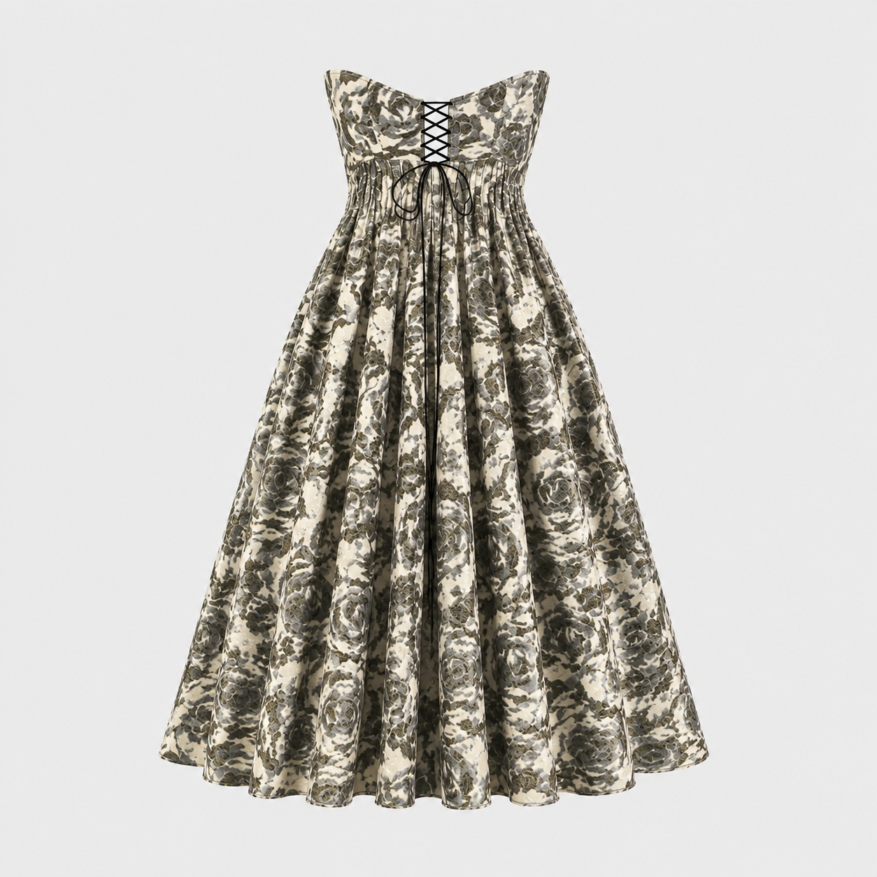 The Tala Corset Midi Dress by Sarvin is a strapless, ankle-length dress with a black and white floral pattern, featuring a fitted bodice with black lace-up front detail and a full gathered skirt for an elegant hourglass silhouette.
