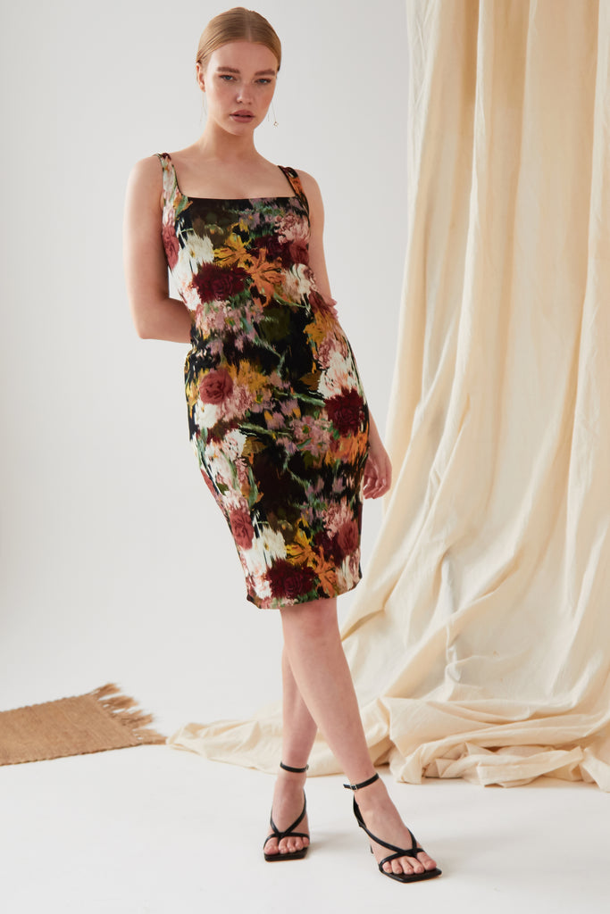 the model is wearing a Sarvin Sleeveless Floral Bodycon Dress.