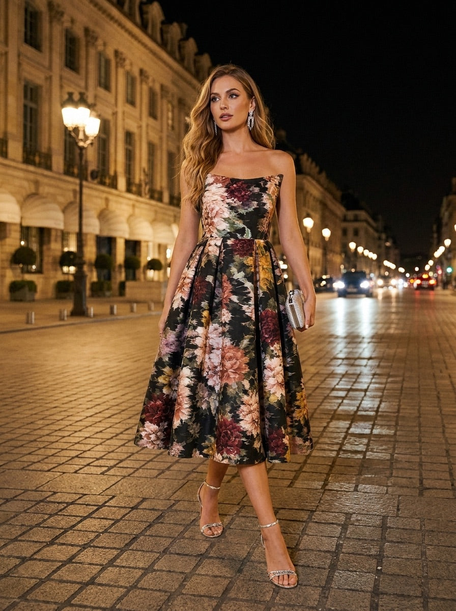 A woman in the Sarvin Golshifteh Floral Corset Midi Dress and heels walks on a cobblestone street at night, holding a small clutch, her pleated skirt swaying as she passes historic buildings lit by streetlights.