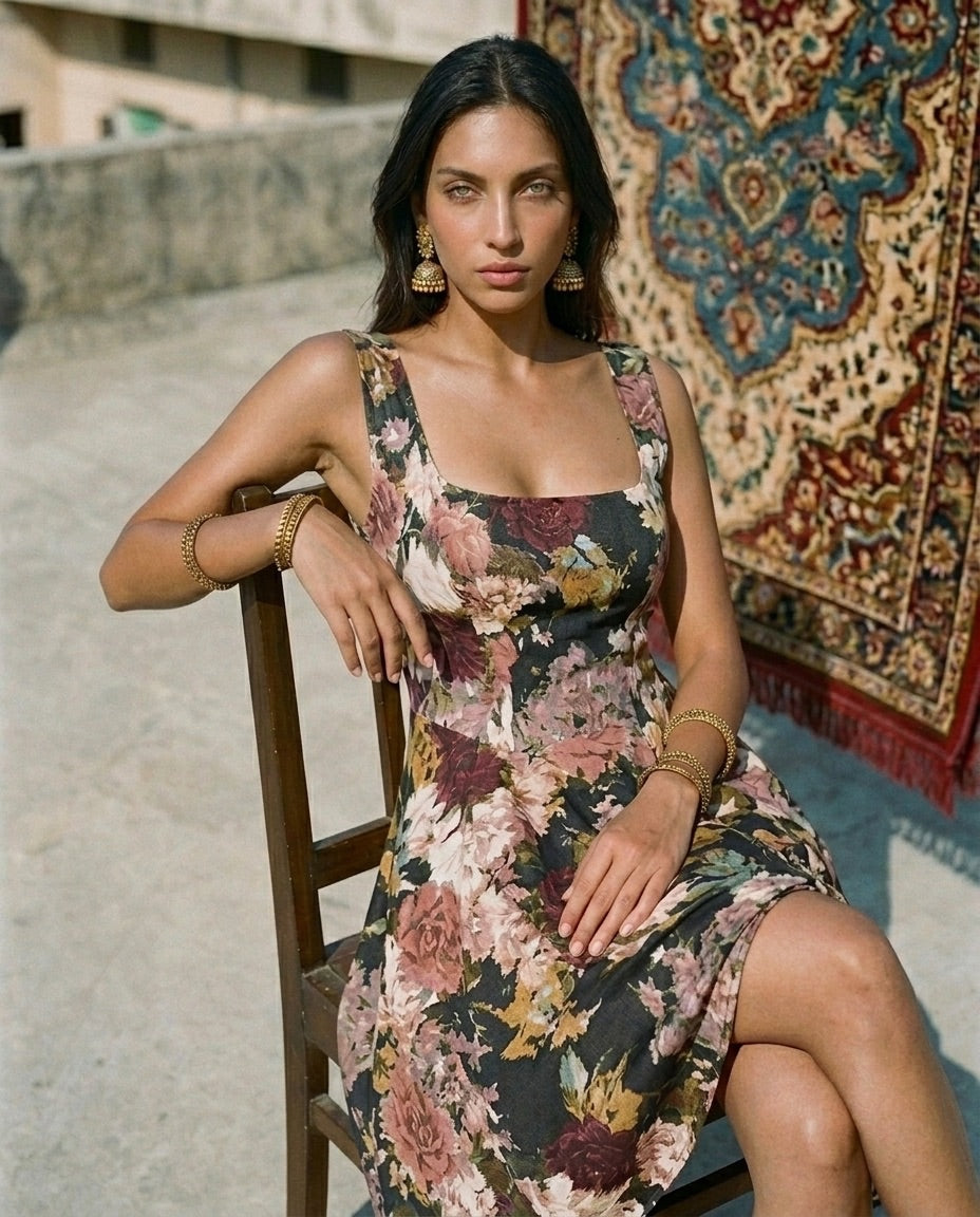 A woman with long dark hair sits on a wooden chair outdoors, wearing the Sarvin Golha Floral Corset Dress and gold jewelry. A patterned rug hangs behind her, with a stone wall in the background.
