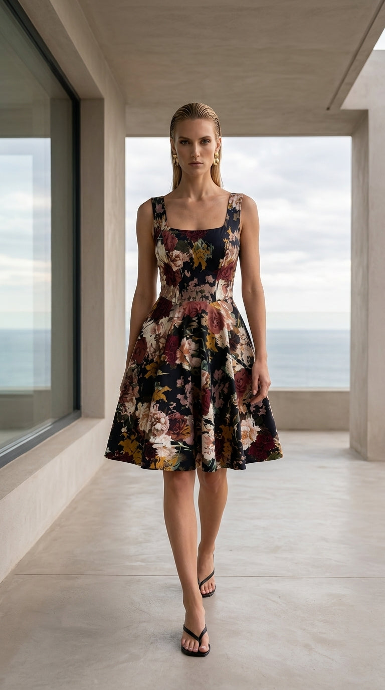 A woman with straight blonde hair walks on a terrace in the sleeveless, knee-length Golha Floral Corset Dress by Sarvin. She wears black sandals; large windows and an ocean view appear in the background.